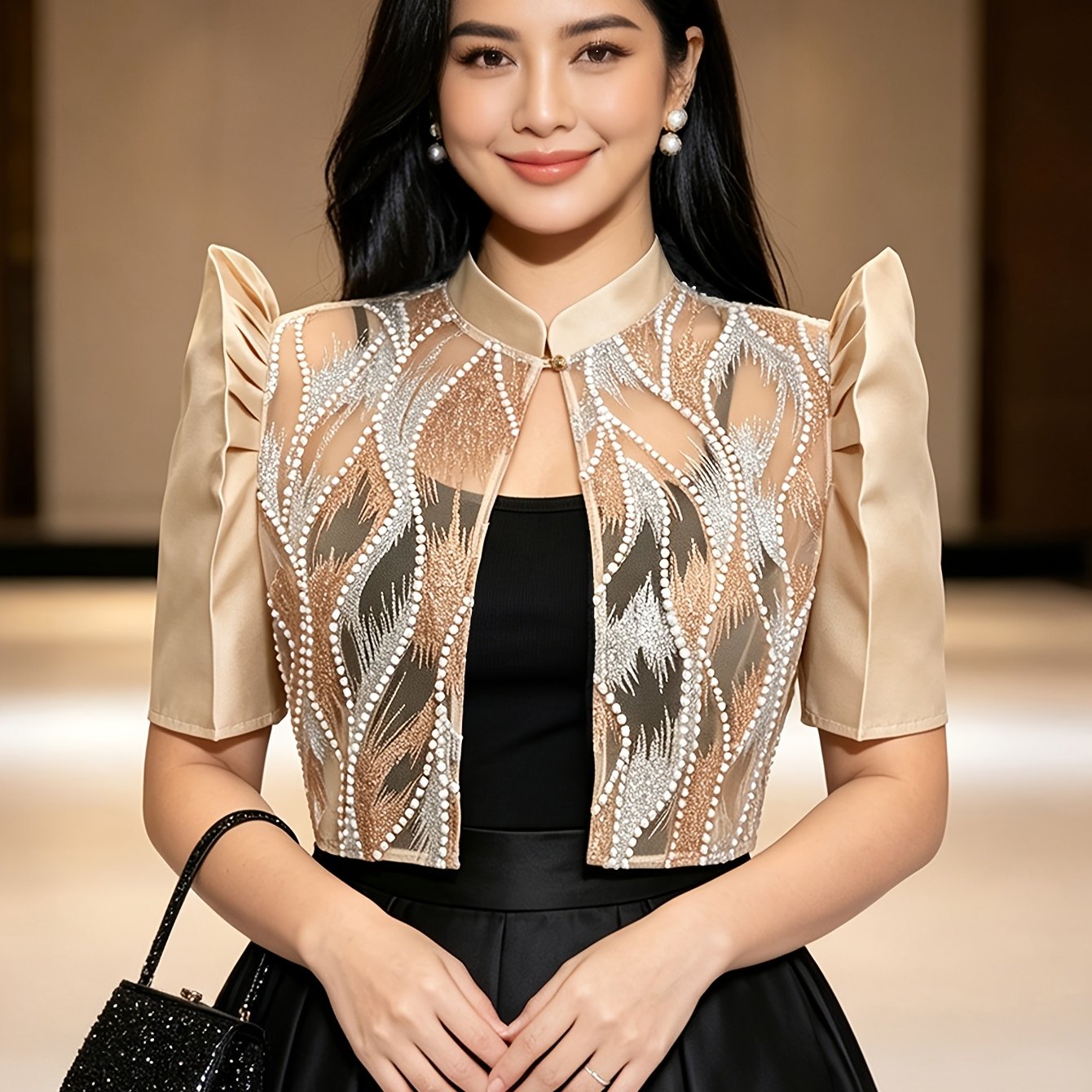 TEMU Ensemble 'T Bolero Blouse pour femmes, Haut court à manches bouffantes brodées de perles, Col montant, Vêtement de couverture traditionnel
