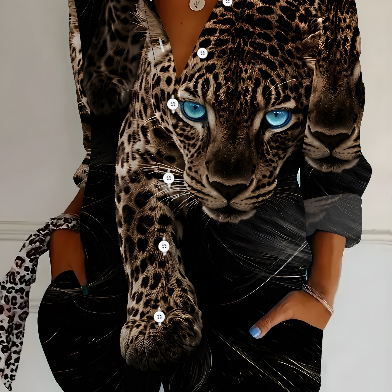 TEMU Plus Size - Plus Size - Plus Size Women's Long Sleeve Shirt Leopard Print Loose Blouse Leopard Element Mid-length Women's Long Sleeve Collared