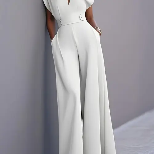 elegant white v neck jumpsuit for women with pockets high waist wide leg short sleeve button detail spring summer