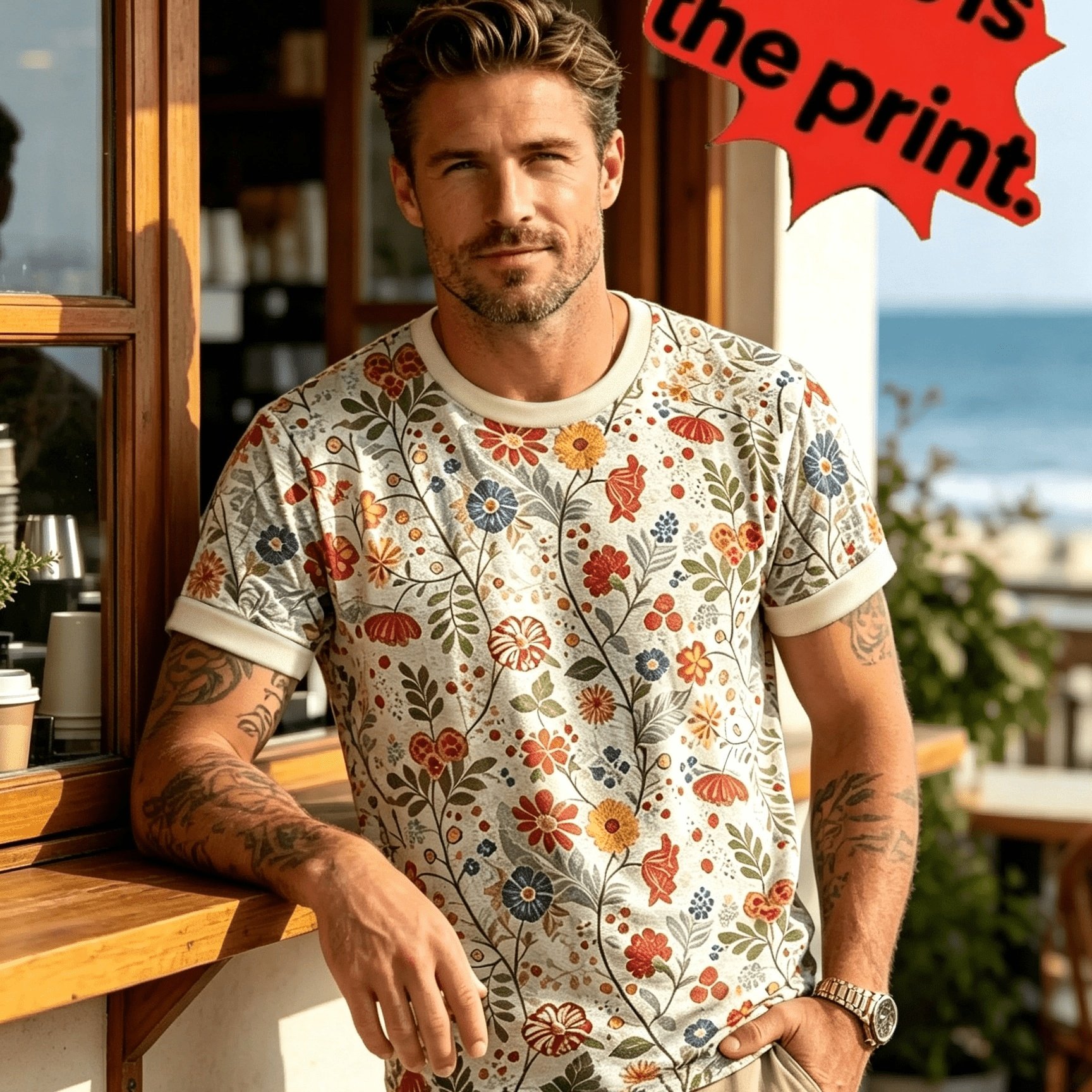 TEMU Trendy Colorful Plant Men's T-shirt, Summer Round Neck Breathable Style, Individual , Casual Wear