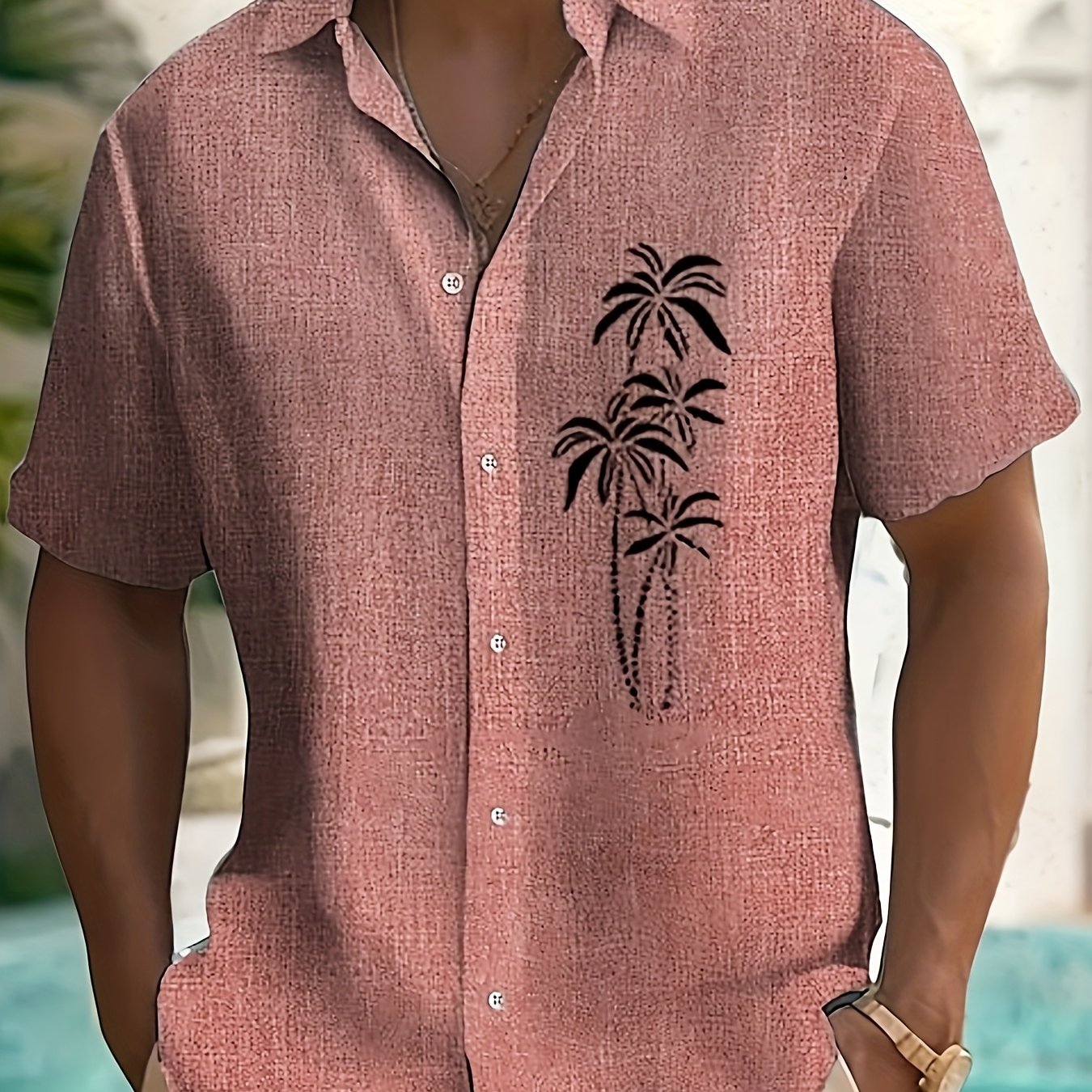 TEMU Palm Tree Striped Gradient Shirt Men's Short Sleeve Turn- Collar Button Casual Shirt Summer Outdoor Fashion, Regular, Lapel, Buttons, Vacation,