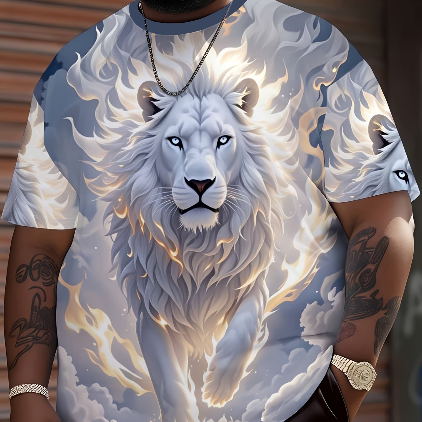 TEMU Men's Plus Size Printed T-shirt, Plus Size Men's Printed Short Sleeve, Men's Lion Cloud Pattern Flame Print T-shirt - Full Body Lion Graphic