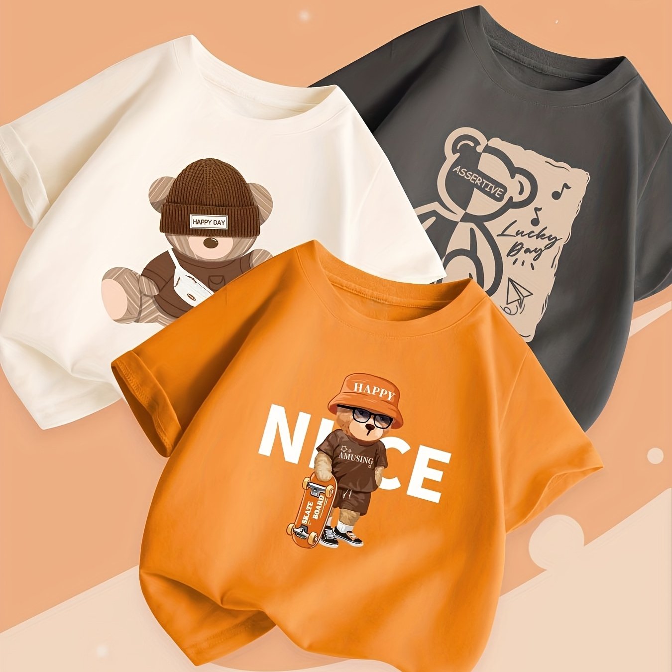 Image of Mianzhi Kids Shop 7.5% Off Boys' Lightweight -friendly Pure Short-sleeve T-shirt 3pcs, Bear Print, Suitable For Sports And Casual Wear, Summer Boys' Tops
