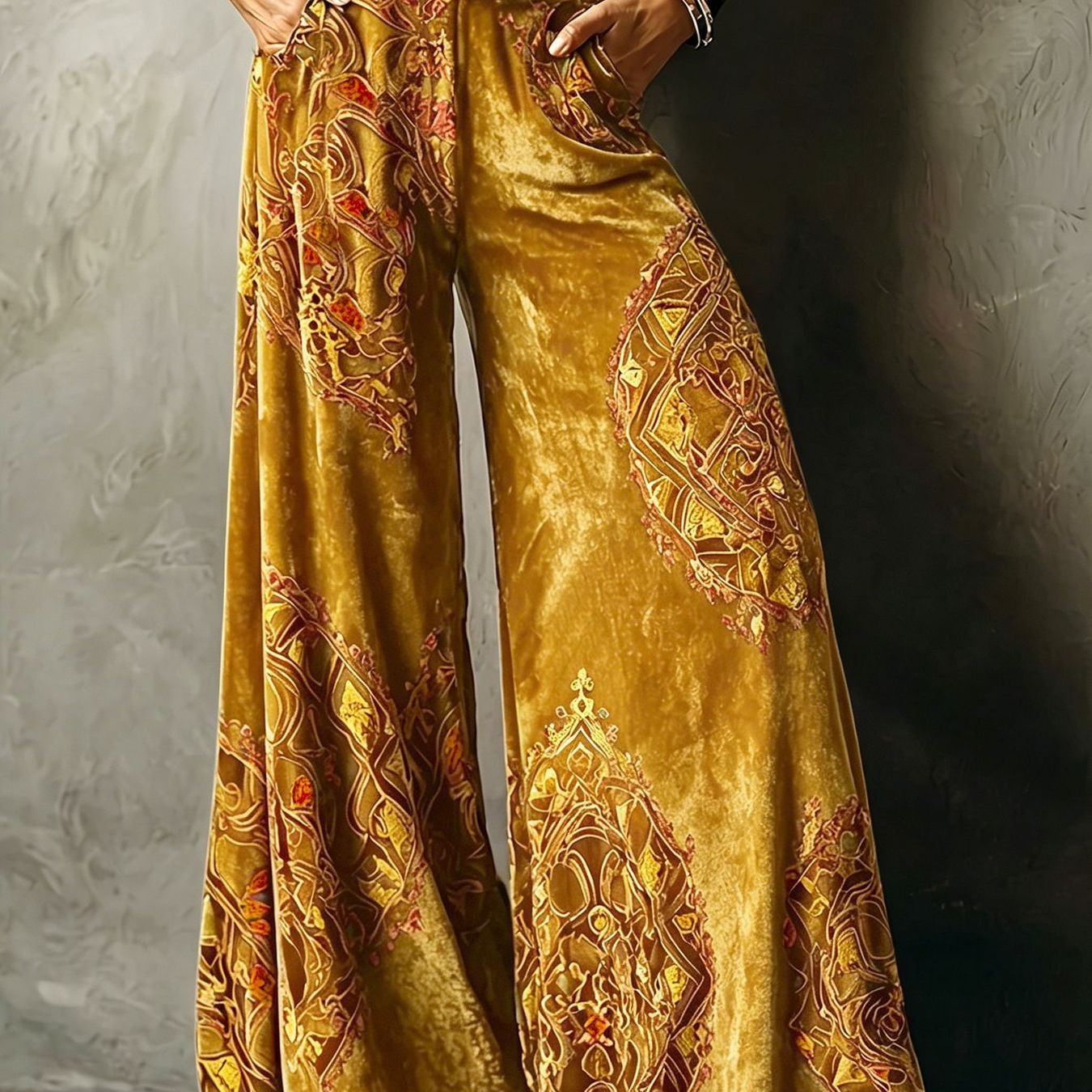 TEMU New Women's Elegant Vintage Court-style Velvet Wide-leg Pants - Smooth, Flowing, High-waisted Trousers With Random Prints, Suitable For Vintage
