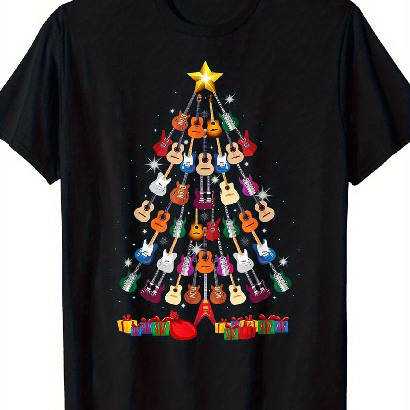 TEMU S Guitar Christmas Tree T-shirt - Music Note & Guitar String Design With Guitars ( , Acoustic) - Soft 100% Short Sleeve Crew Neck Retro Tee -