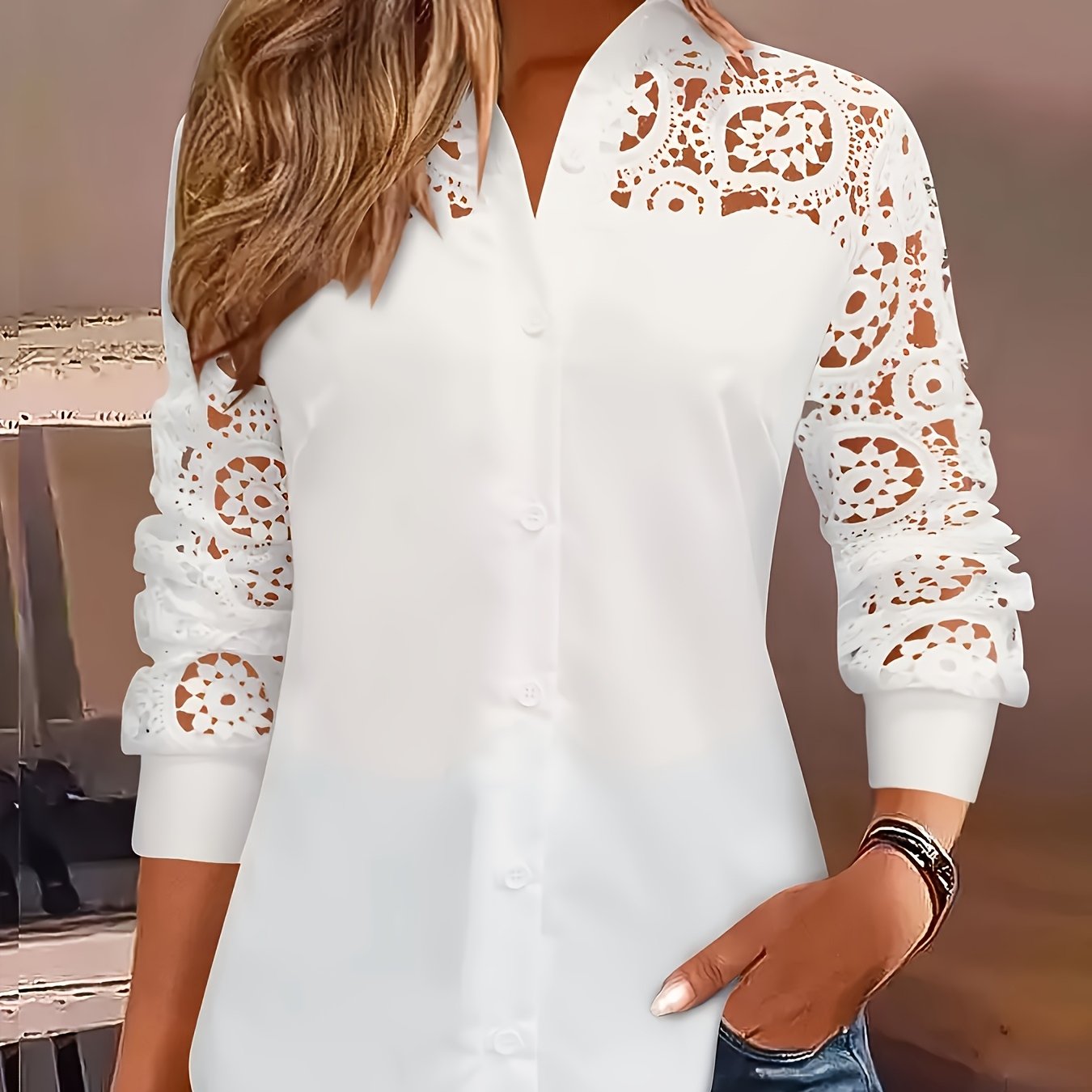 TEMU And Autumn Stylish Solid Color Long-sleeve Blouse For Women With Elegant Lace Trim And Button Details
