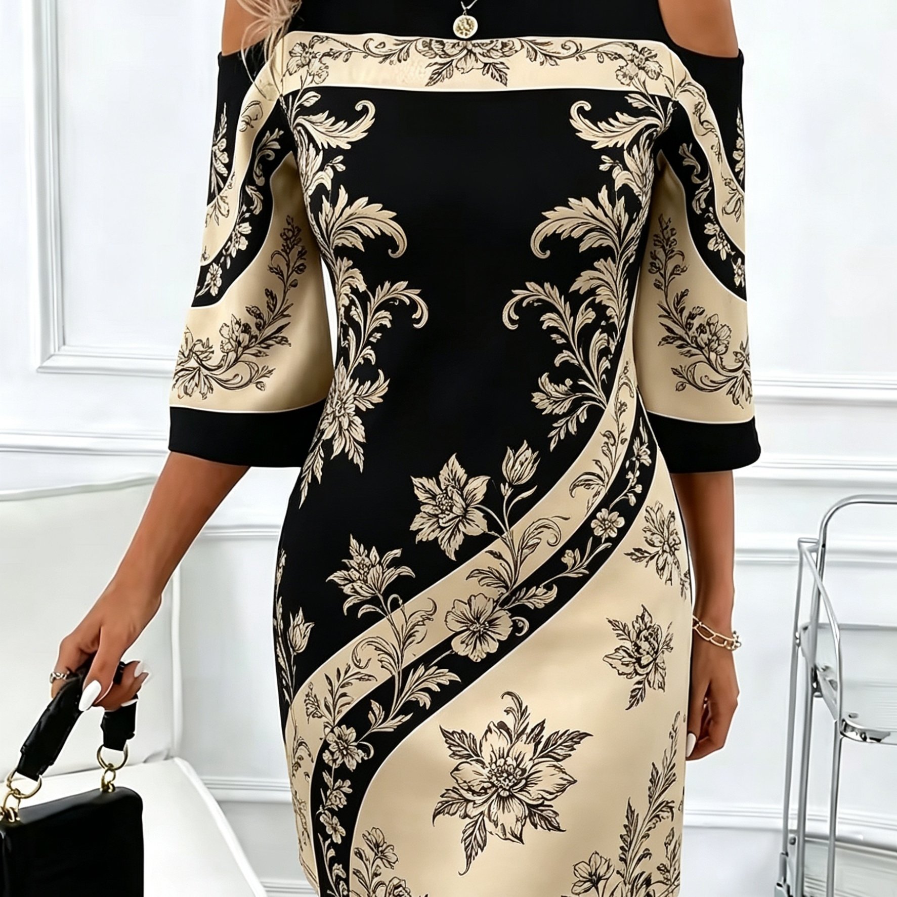 Women's Fashionable And Elegant Off-shoulder Round Neck Dress With Placement Print, Suitable For Daily Wear And Office Occasions