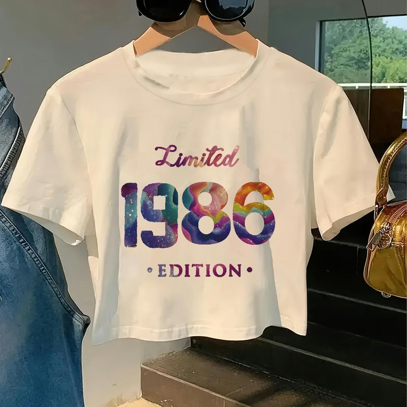 TEMU Women's Y2k Retro Graphic Cropped T-shirt - Neon Pink & Multicolor 80s Print, Edition 1986 Design, High-stretch Crew Neck Summer Top For Casual