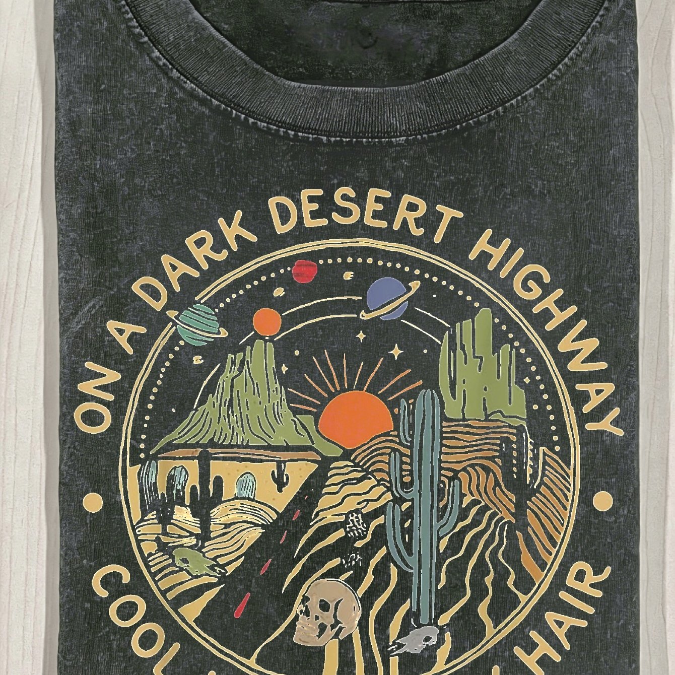 TEMU Men's Graphic T-shirt With Cactus & Sun Print & "on A Highway" - Breathable Loose Fit Casual Tee Suitable For Road Trips, Music Festivals,