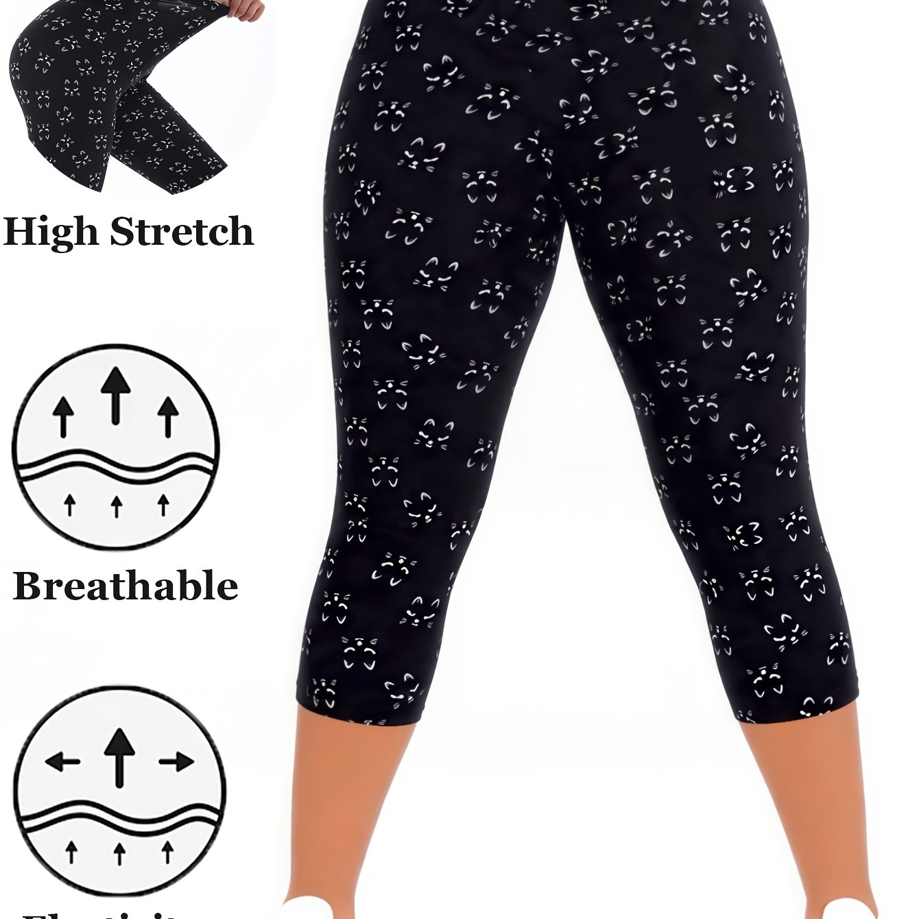 TEMU Plus Size - Plus Size - Sommer High Elastic Plus Size Damenmode Sieben-Punkt Leggings Damen Schwarzer Katzenkopf-Print Cartoon Niedlicher Stil