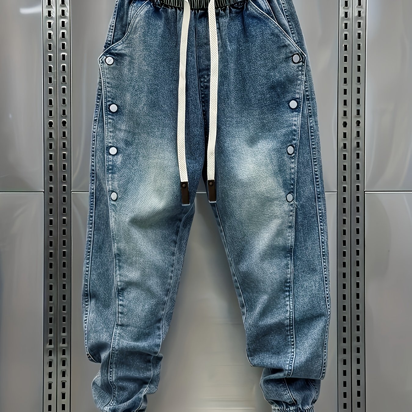 Heavy-button Decorated Elastic Waist Harem Cropped Denim Pants