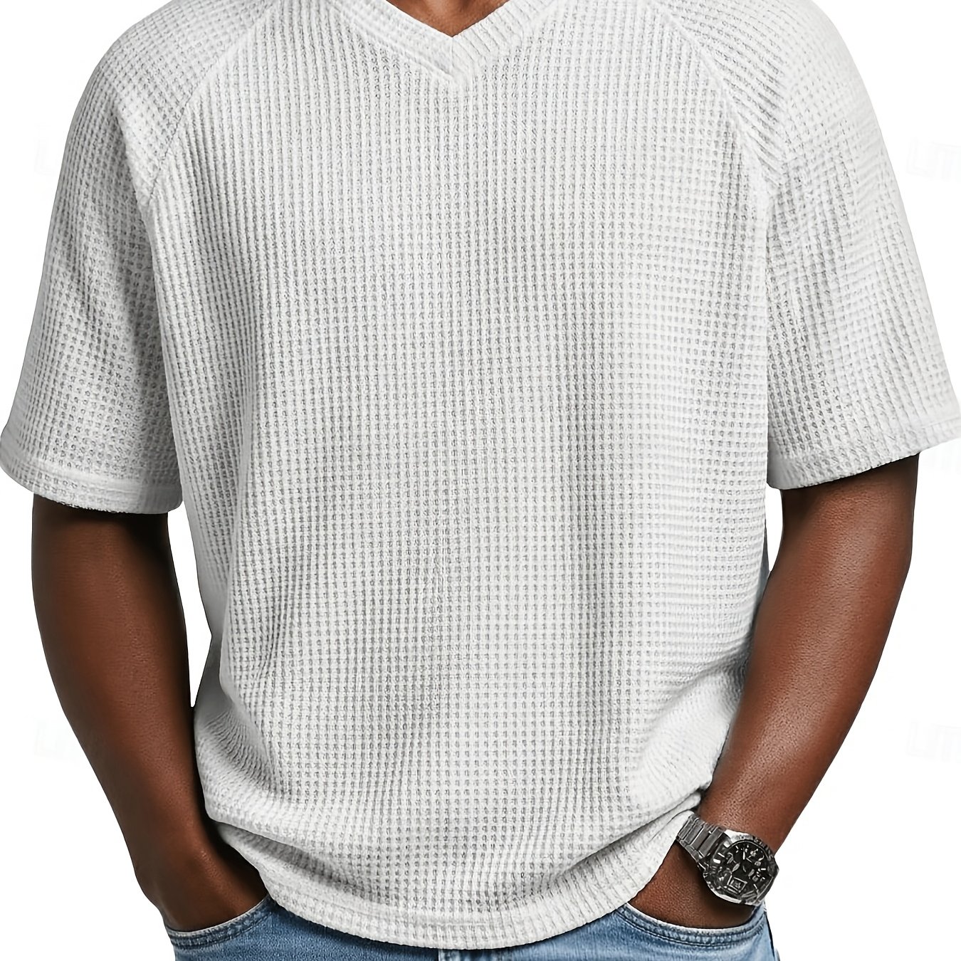 TEMU Men's Fashion Waffle Knit Raglan Sleeve V-neck Short Sleeve Shirt, Men's V-neck Short Sleeve T-shirt, Chest Badge With Contrast Color Label,