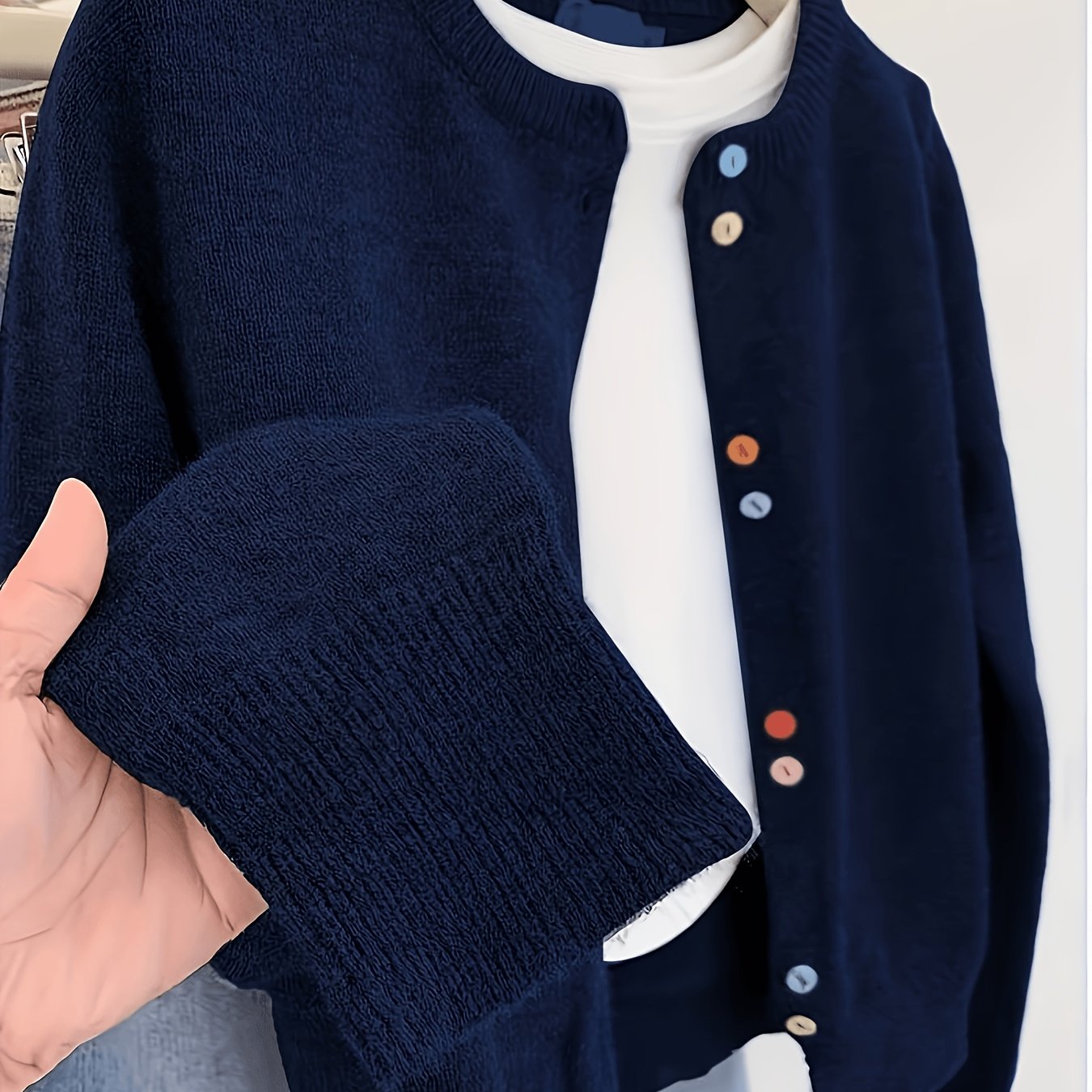 TEMU Women's Soft Lightweight Cardigan Sweater Jacket - Solid Color Round Neck Button-front Closure, Medium Stretch Suitable For Fall Winter Warm