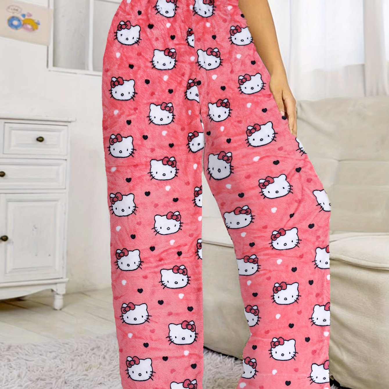 TEMU Authorized Hello Kitty Pajamas Pants Anime Women's Pajama Pants Cartoon Couple Home Sleepwear Trousers Clothing
