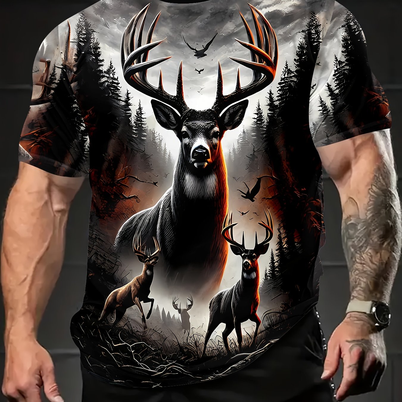 TEMU A 3d Printed Men's T-shirt Featuring A Deer Design Set In A Forest, Ideal For Outdoor Activities, Social Gatherings, And Leisure. Made From