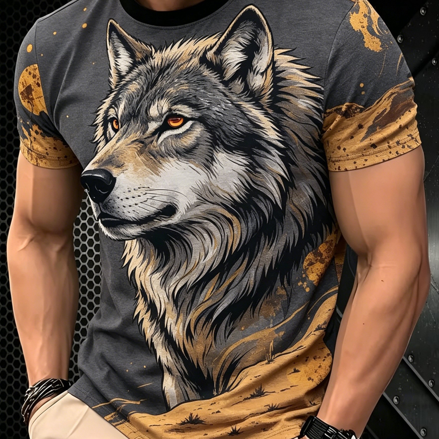 TEMU [printed Design - Not Textured] Vintage Gray And Golden Wolf Head Ink Wash Style Men's Crew Neck Casual Breathable T-shirt ~ Moisture-wicking,