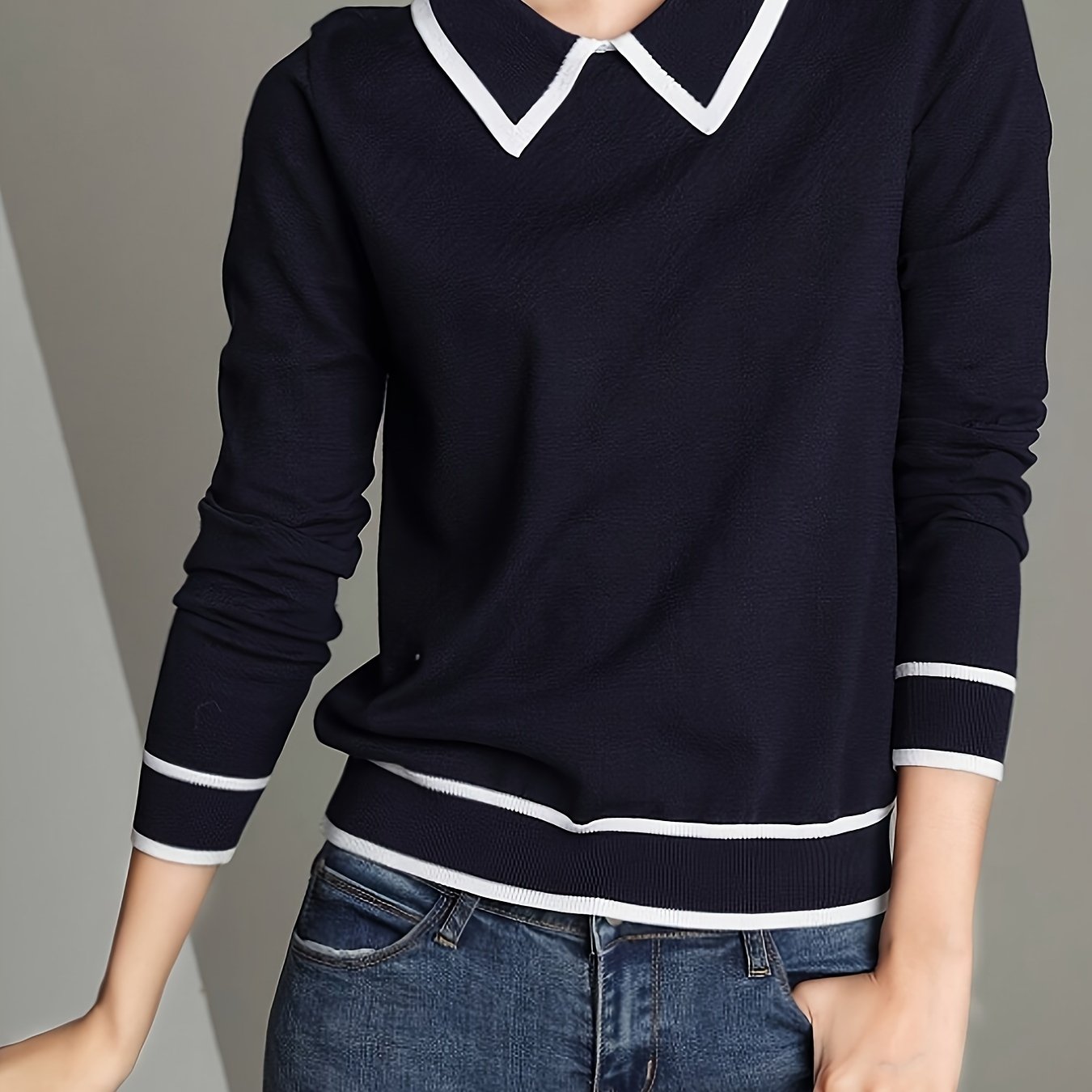 TEMU Women's Navy Collar Pullover Sweater, Lapel Versatile Minimalist Long-sleeve Sweater, Lightweight Soft Fabric Long-sleeve Top