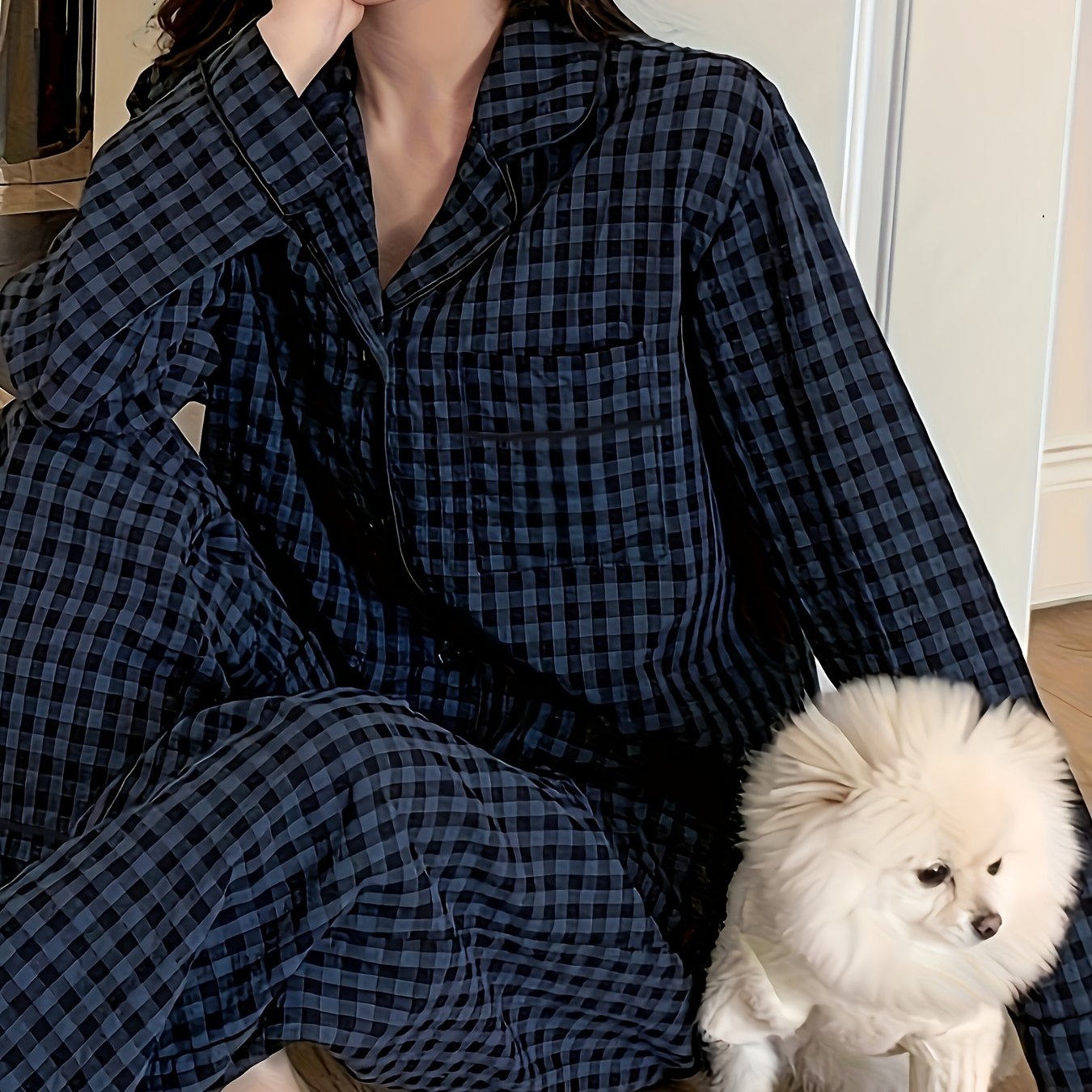 TEMU Pyjama pour femme à carreaux, haut à manches longues et pantalon long, pour automne/printemps-été