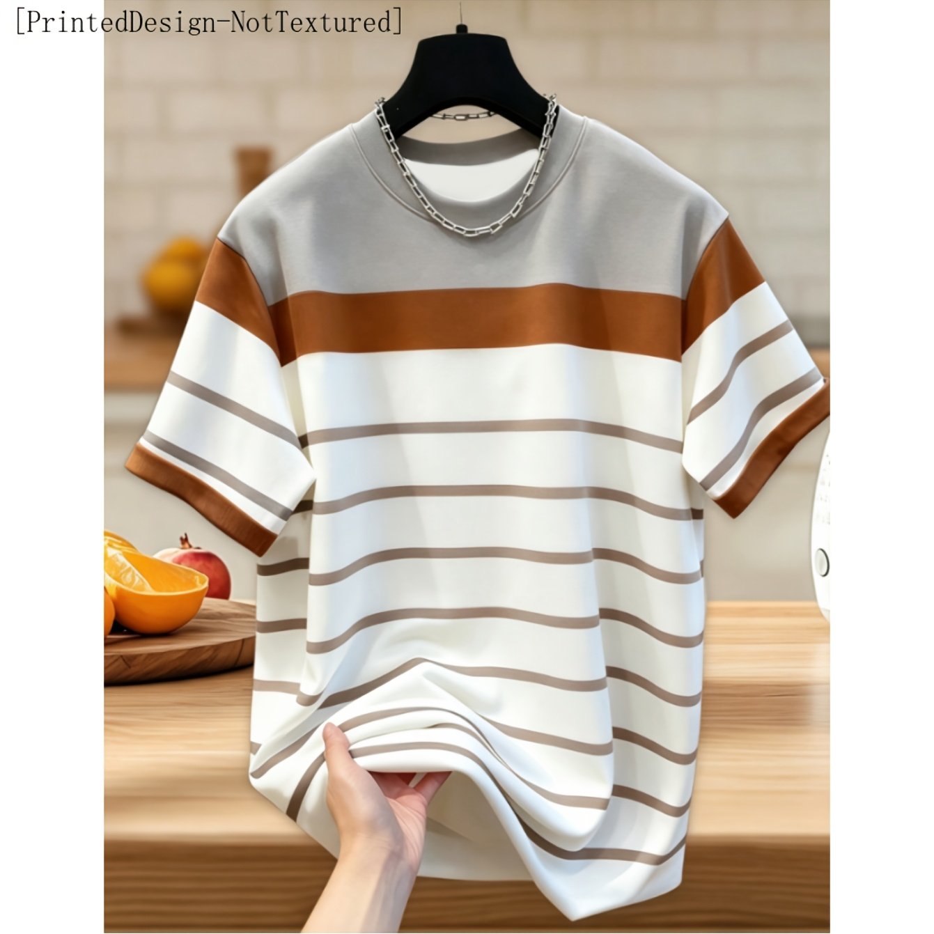 TEMU [print Design-not Textured] Men's Striped Letter Print Round Neck T-shirt, Fashionable Casual Daily Wear, Trendy Breathable Comfortable , Ideal