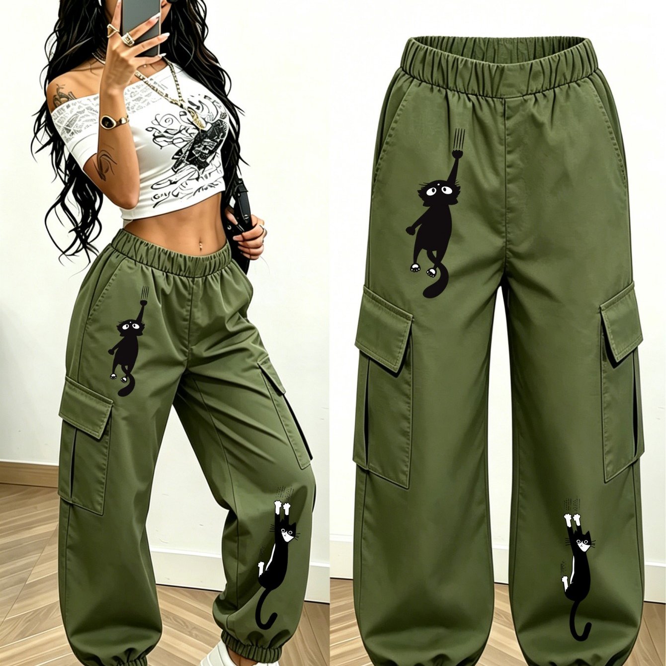 TEMU Sleepwear Lounge Wear Women's Long Pants (single Piece), 2pcs Different Poses Black Cartoon Kitten Printed Cargo Pants, Women's Elastic