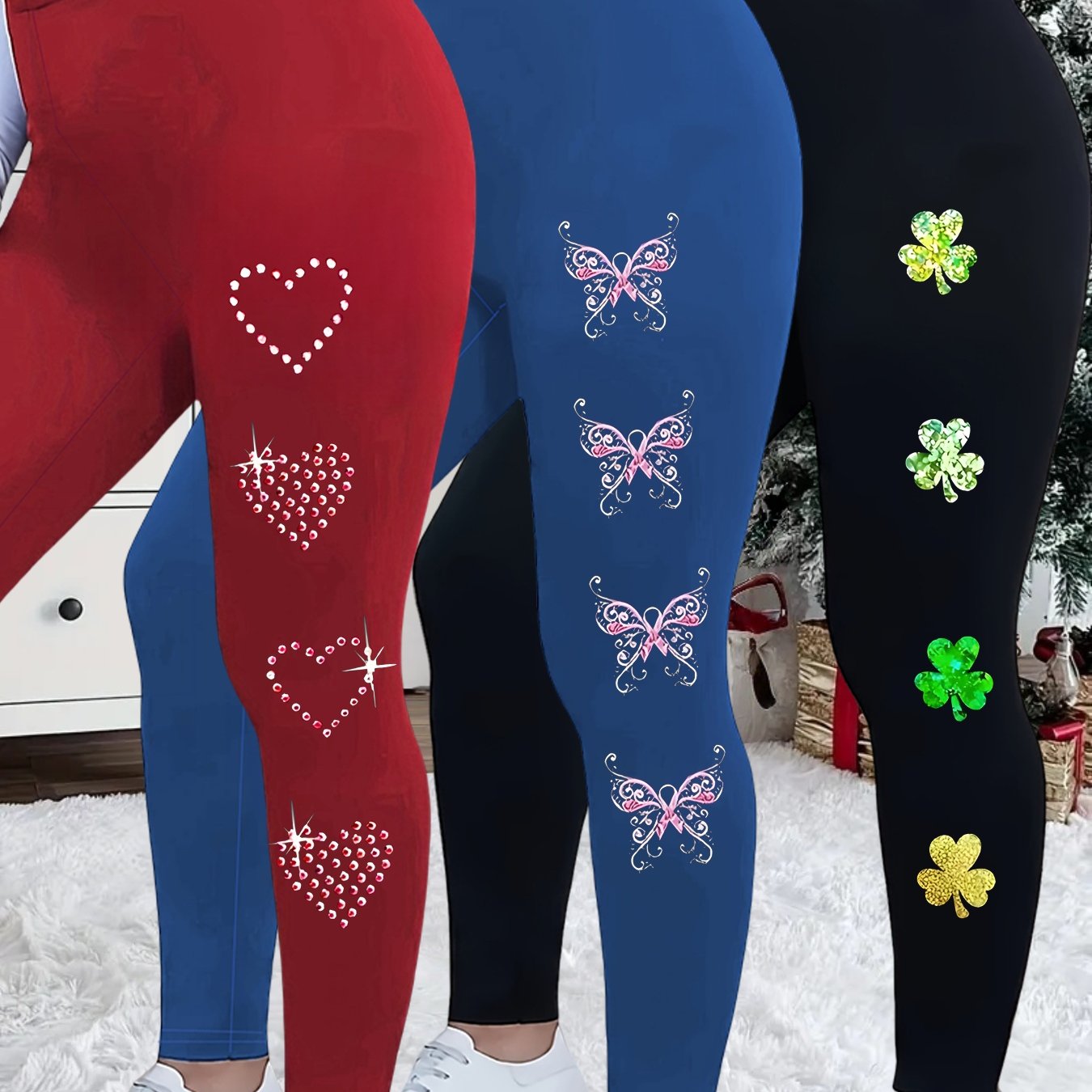 TEMU Plus Size, Christmas Extended 3pcs Set Plus Size Women' Color Stretch Waist S Long Pants Leggings