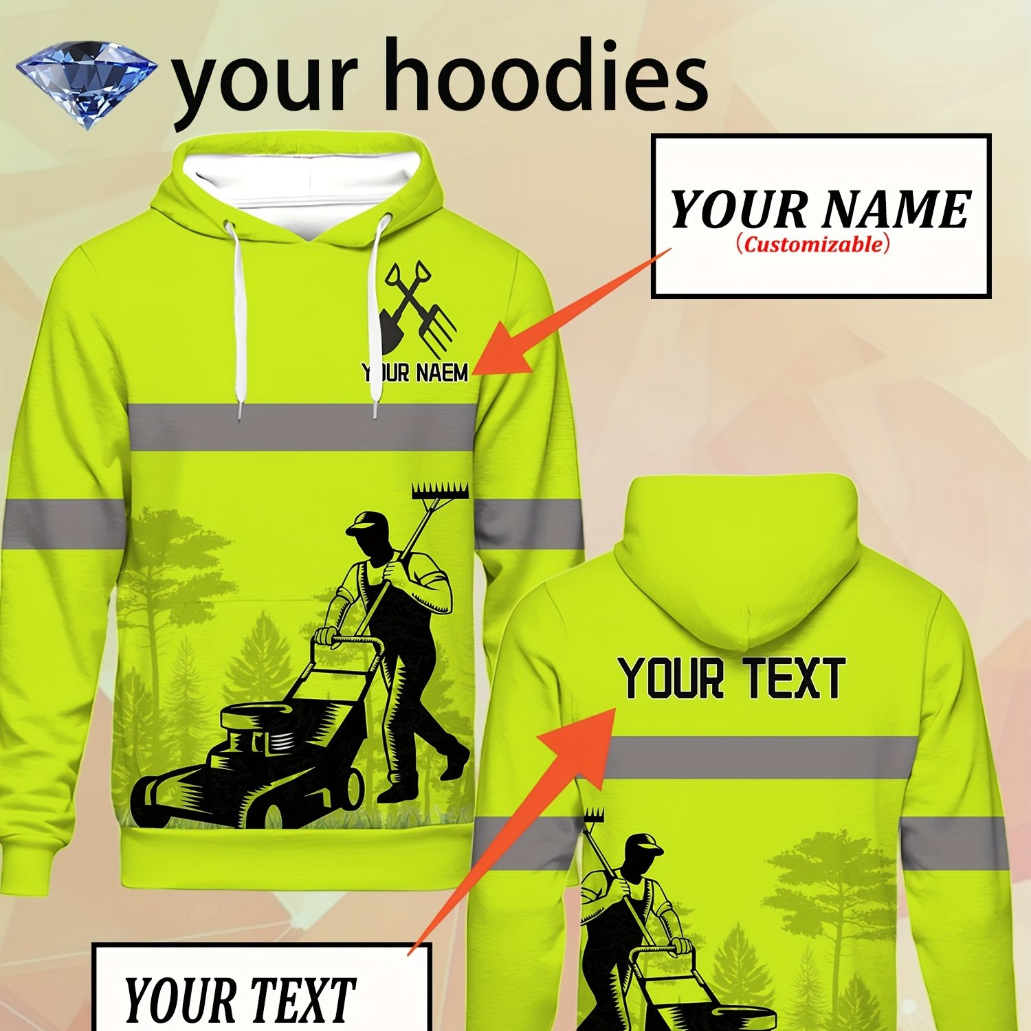 TEMU Custom Men's Plus Size Hooded Sweatshirt - 3d Print Garden Weeder , Contrast Striped Detail, Hooded Style, Personalized Logo/text/name