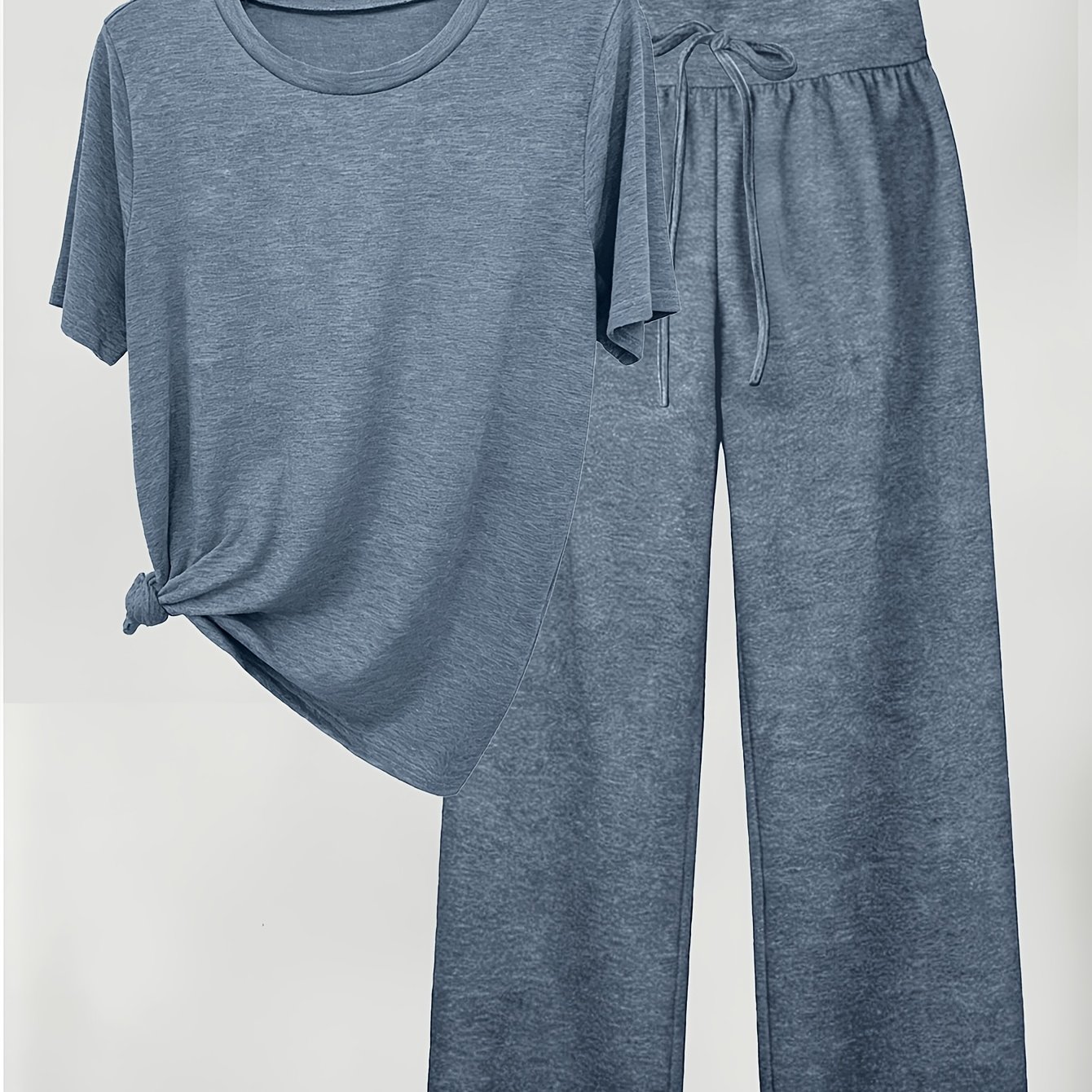 TEMU Conjunto de camiseta corta de cuello y pantalón largo para mujer, diseño simple, ajuste , tela de elasticidad media, cintura elástica en el