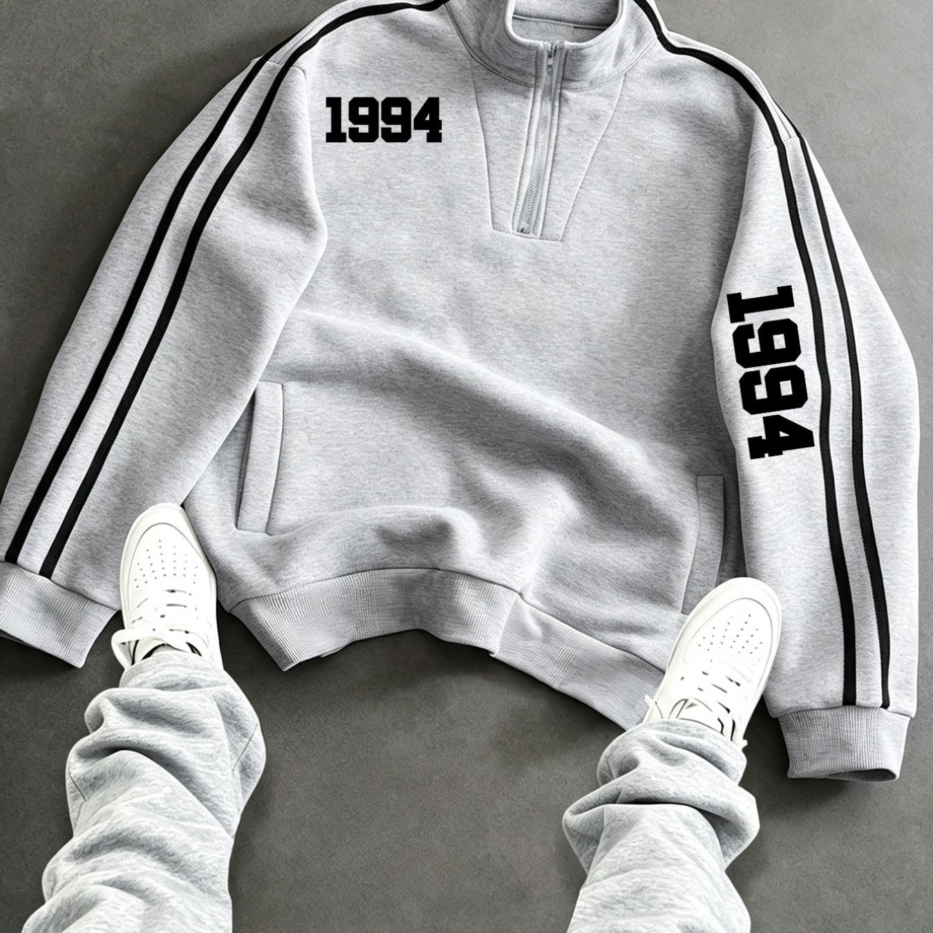 TEMU Niche Retro Style Sweatshirt, Asymmetrical Chest Sleeve With 1994 Print, Double Stripe Gray Half-zip Statement Top