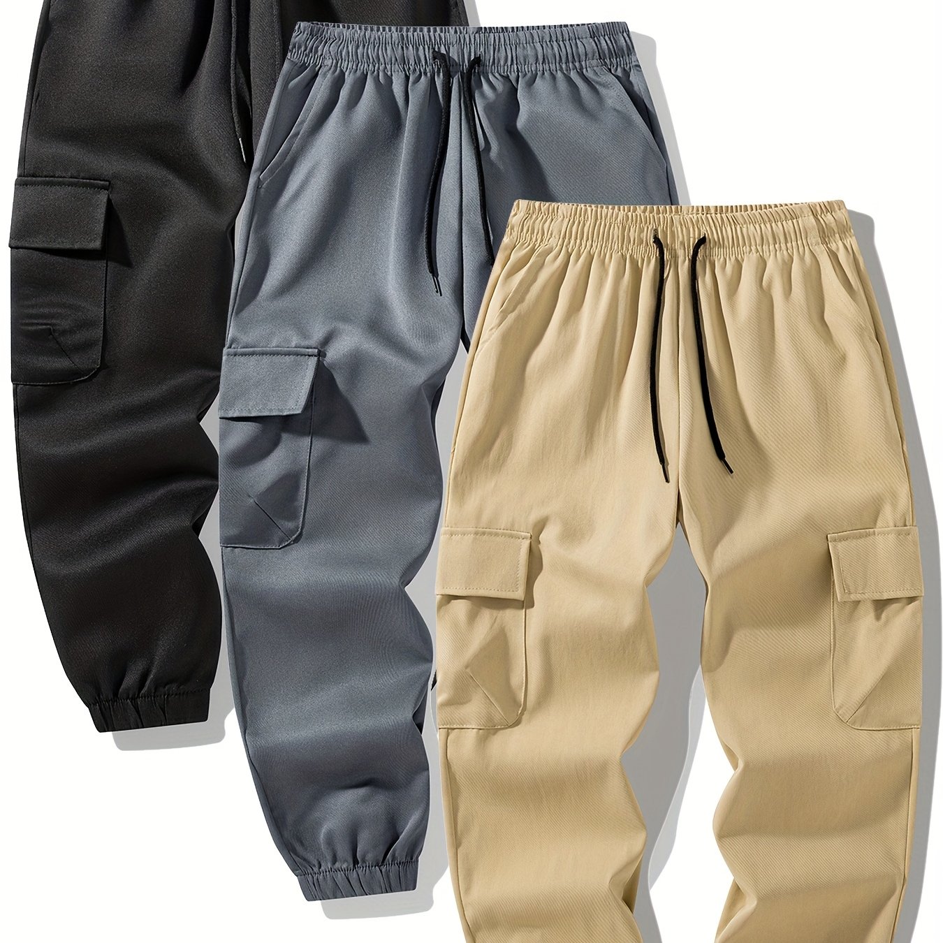 TEMU 3pcs Boys' Fashion Cargo Pants, Elastic Waist Solid Color Casual Versatile ' Sports Joggers With Multiple Pockets, Suitable For , For Outdoor,