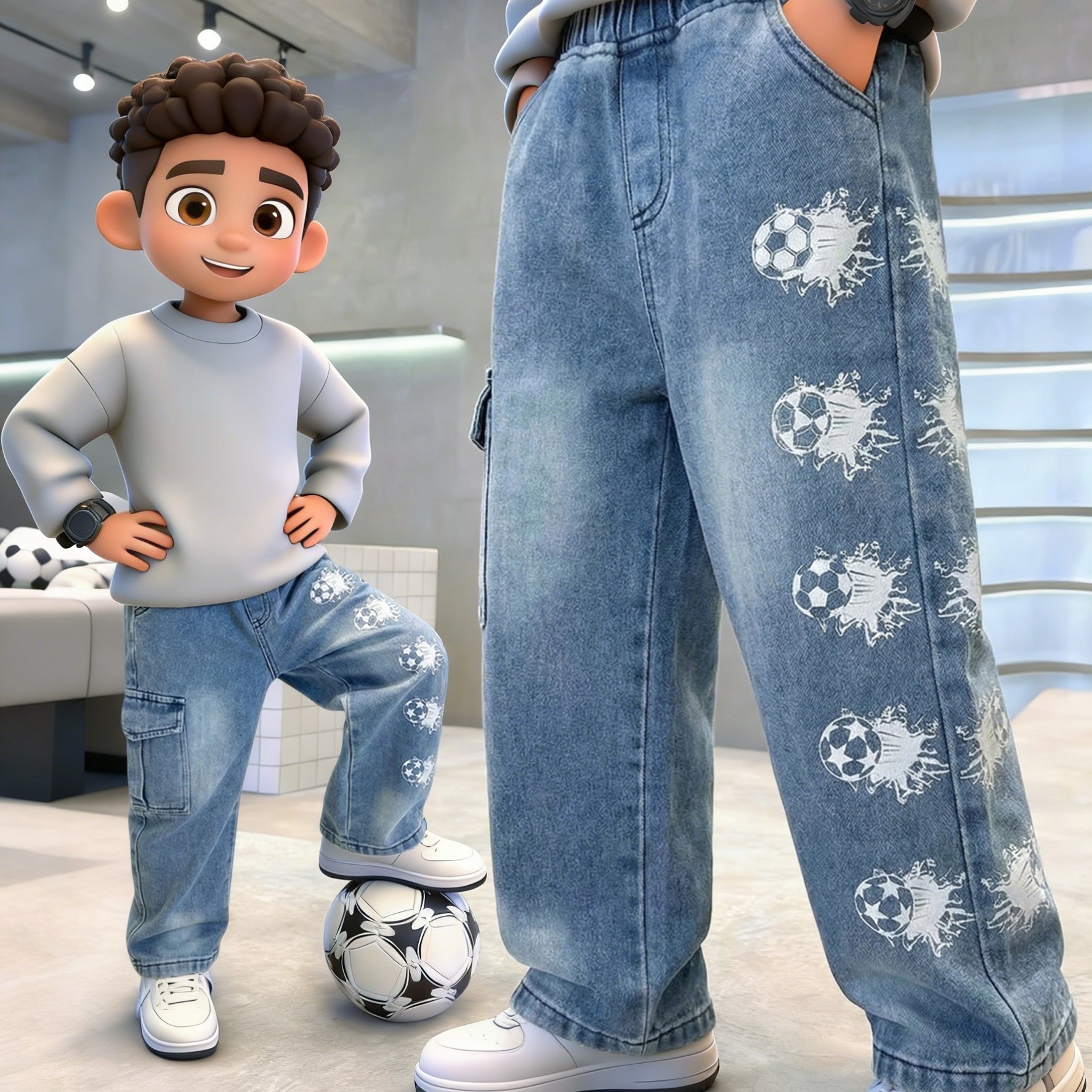 Image of Suitable For Boys And Girls. Boys' Soccer Splash Print Jeans With Utility Pockets And Elastic Waistband. Y2k Sporty Style Children's Clothing Casual Long Pants