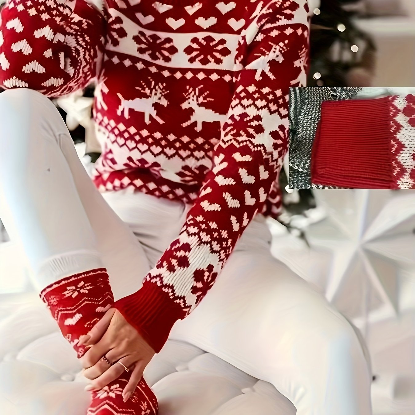 Women's Reindeer & Snowflake Sweater - Cozy Round Neck Winter Pullover With Red/ Color-blocking, Casual Holiday Sweaters Suitable For Winter Parties & Outfits