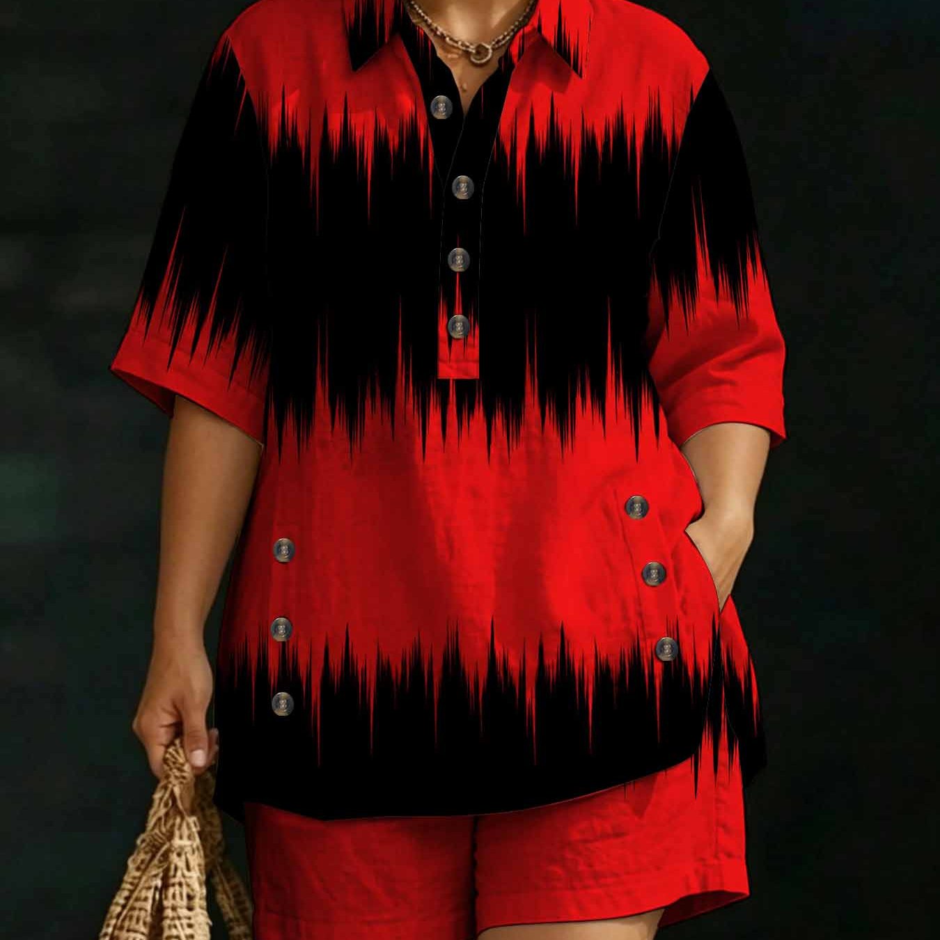 Image of Plus Size, Plussize Women's Twopiece , Artistic Abstract Bohemian Summer Casual, Pocket Shirt And Shorts Set, Trendy Vibrant Graphic Streetwear Outfit.