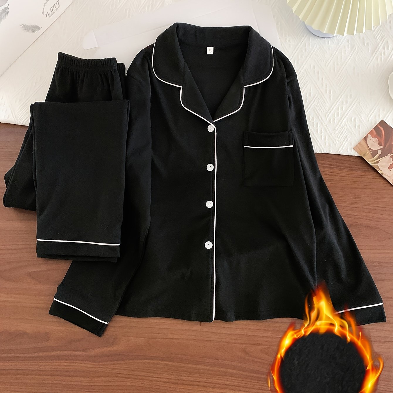 TEMU Herbst Winter Damen Locker Verdickte Plüsch Warme Pyjama 2-teiliges Set, Beschnitten Lange Ärmel Warme Oberteil Und Elastische Taille