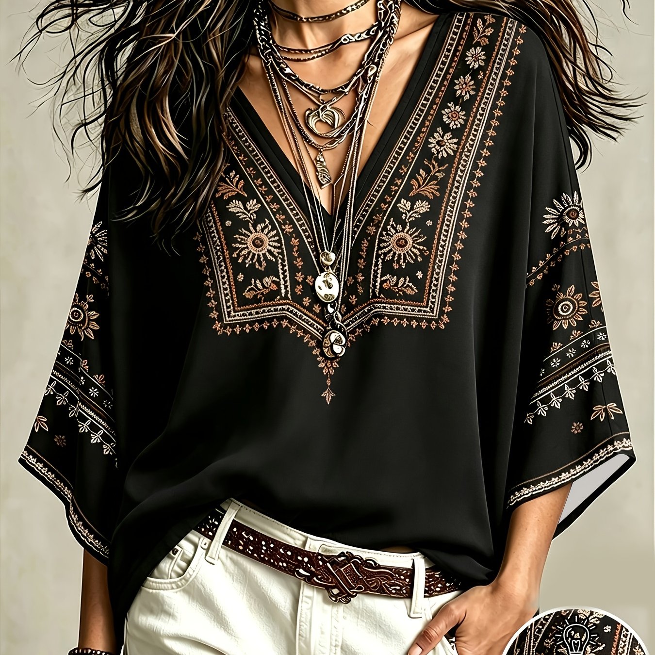 TEMU Women's Bohemian Style Floral Print Blouse, Loose V-neck Slim , Casual Vacation Travel Shirt Suitable For Country And Beach Wear