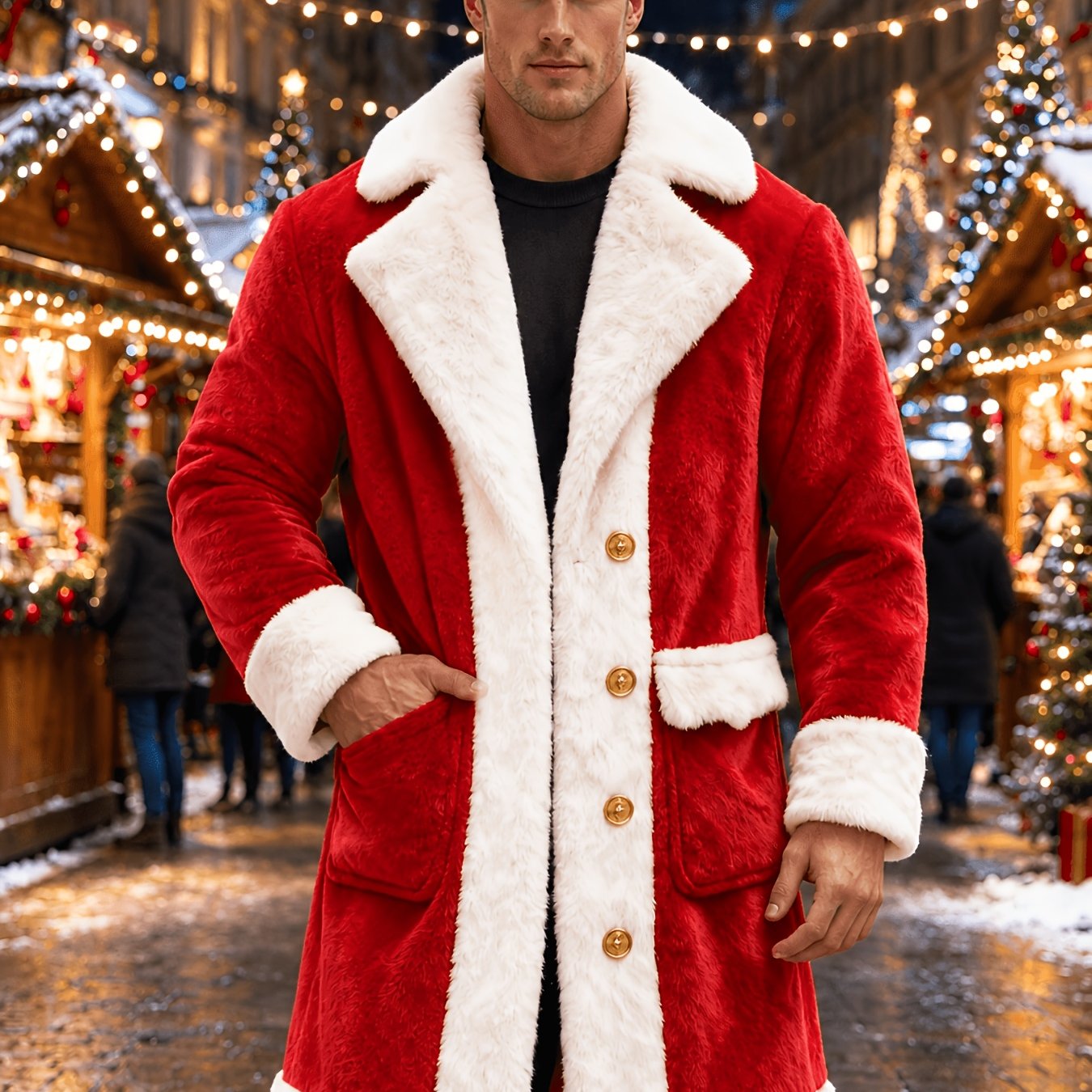 Image of Men's Winter Long Lightweight Christmas | Faux Plush Contrast Color Fabric | Lapel Collar, Single-breasted Loose Lightweight Style | Christmas Party | For Adult Men | Long Outer With Pockets