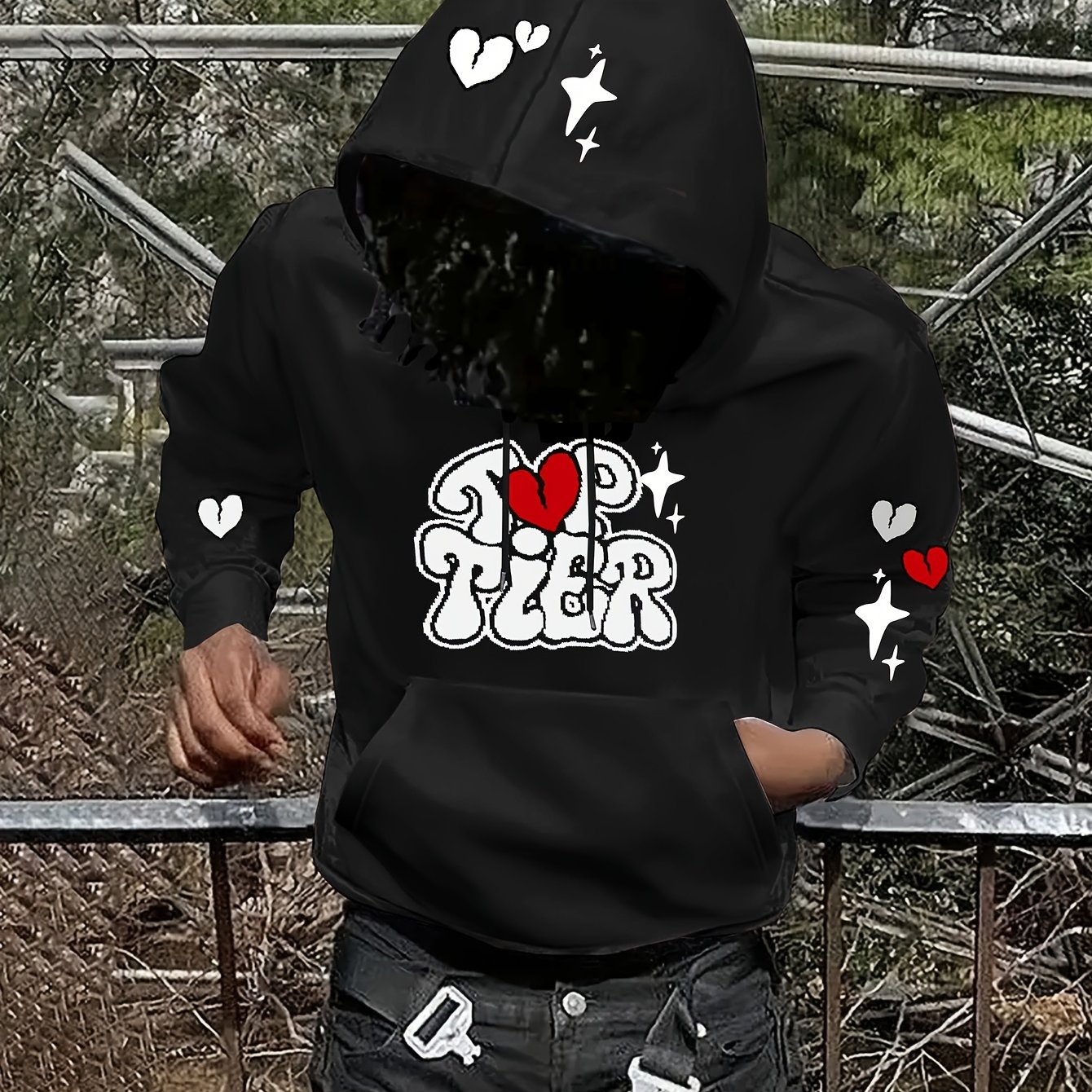 TEMU Top Tier Love Letter Y2k Print Men's -lined Hooded Sweatshirt, Unisex Pullover Hoodie, Autumn/winter Long-sleeve Outerwear For Men And Women,