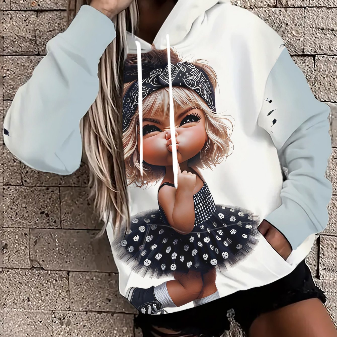 TEMU Women's Hooded Sweatshirt, Loose Fit For Spring And Autumn With Cartoon Print Drawstring Jacket. Casual Versatile Polyester Long-sleeve Top In