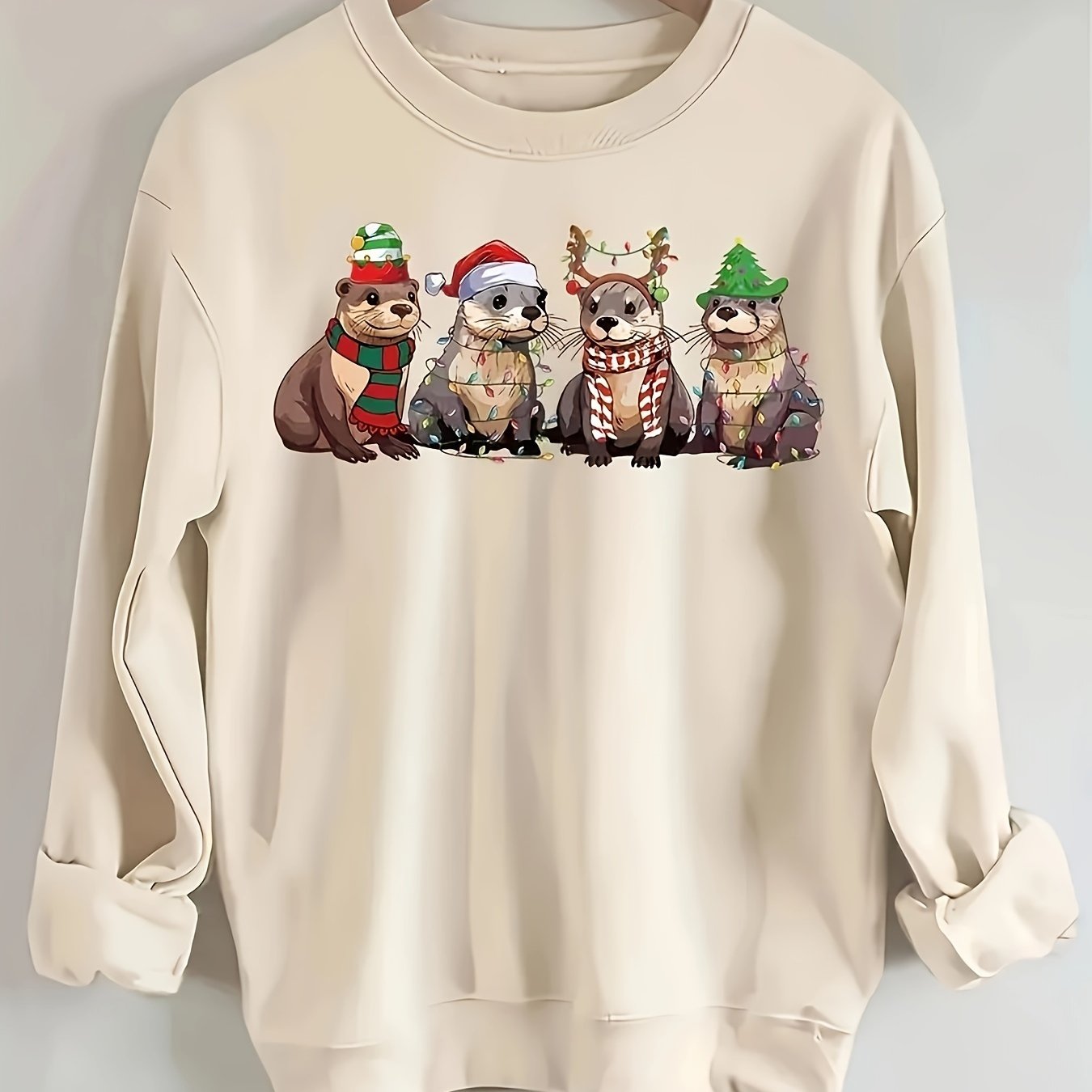 TEMU Christmas Otter Sweatshirt For Women - Casual Polyester Knit Fabric With Round Neck, Cartoon Pattern, Holiday Design, Unisex Fall/winter