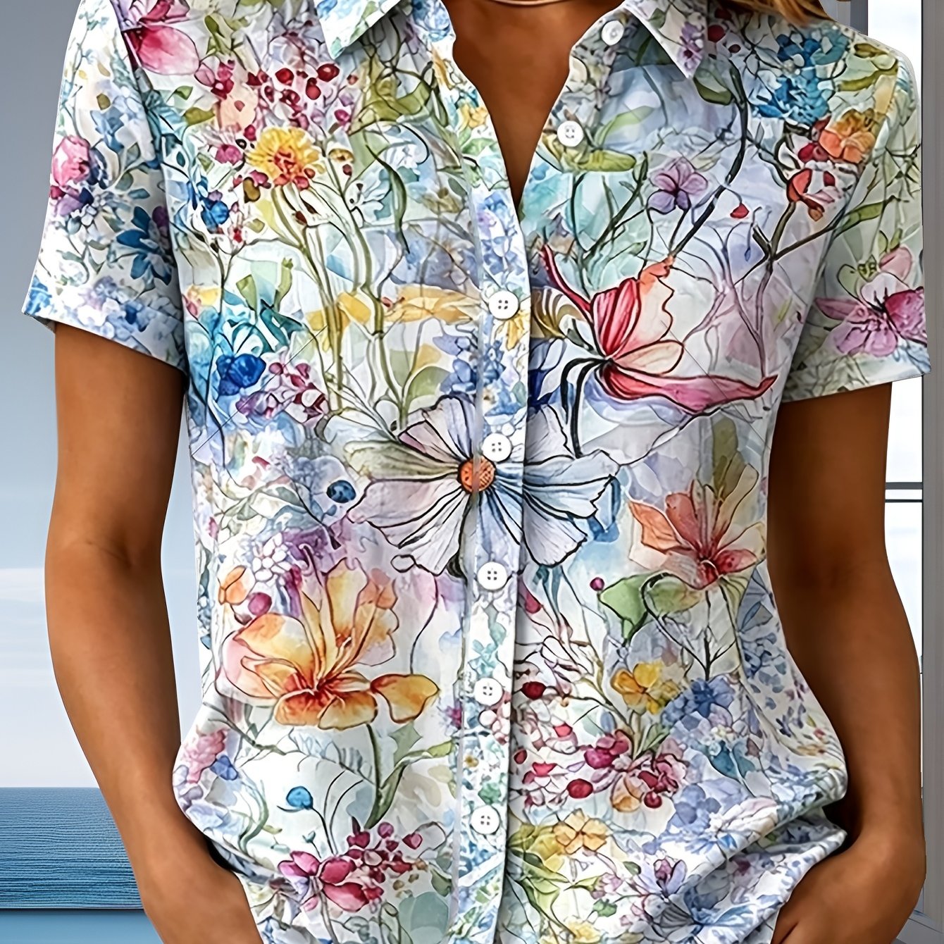 TEMU [printed Design – Not Textured] Vintage Floral Print - Women's Button-up Short Sleeve Shirt Top - Versatile Daily Commute Casual Women's Top