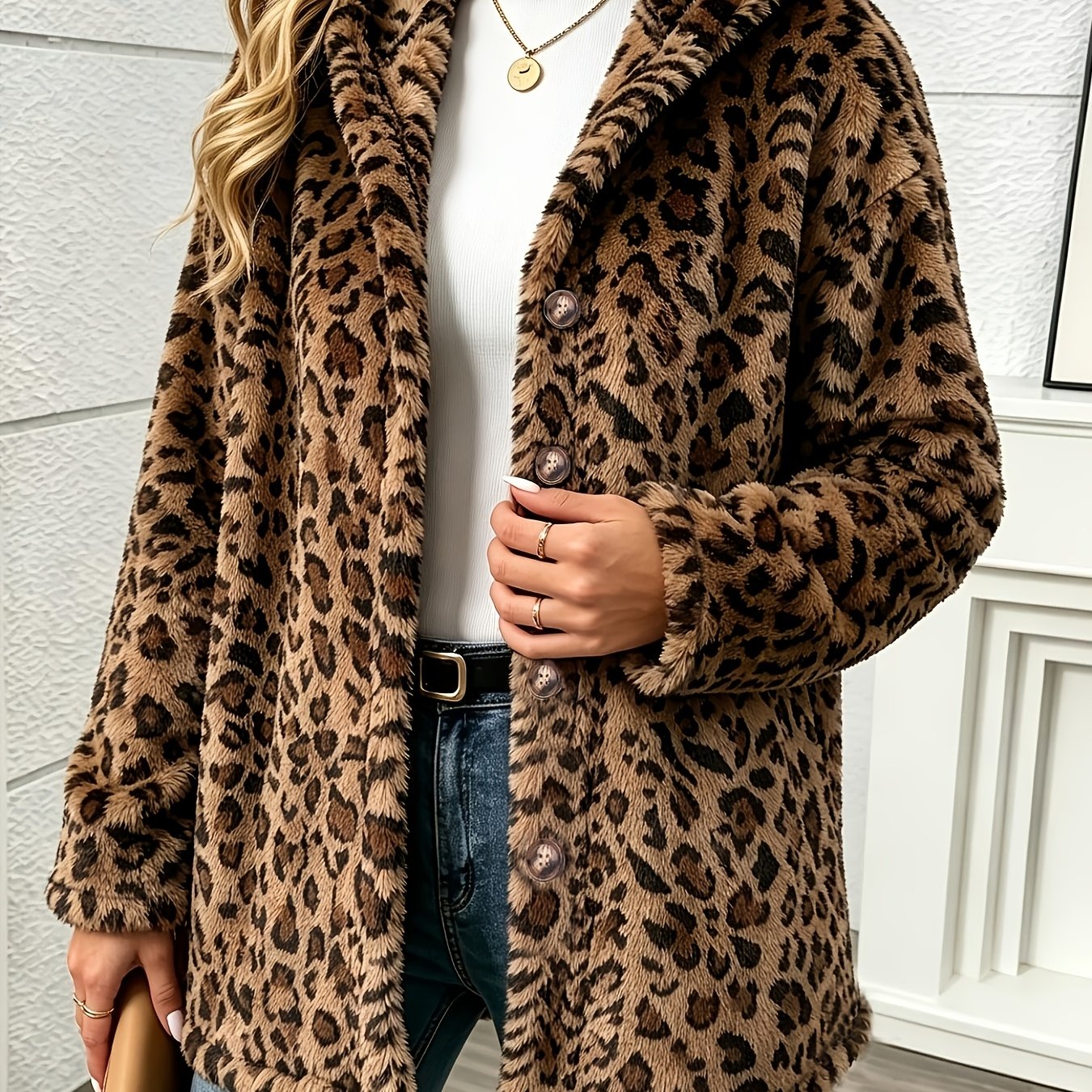 TEMU New Arrival For Fall/winter 2026, Women'-sided Winter Jacket, Women's Leopard Print Mid-length Hoodie, Long Sleeve, Front Button Closure Winter