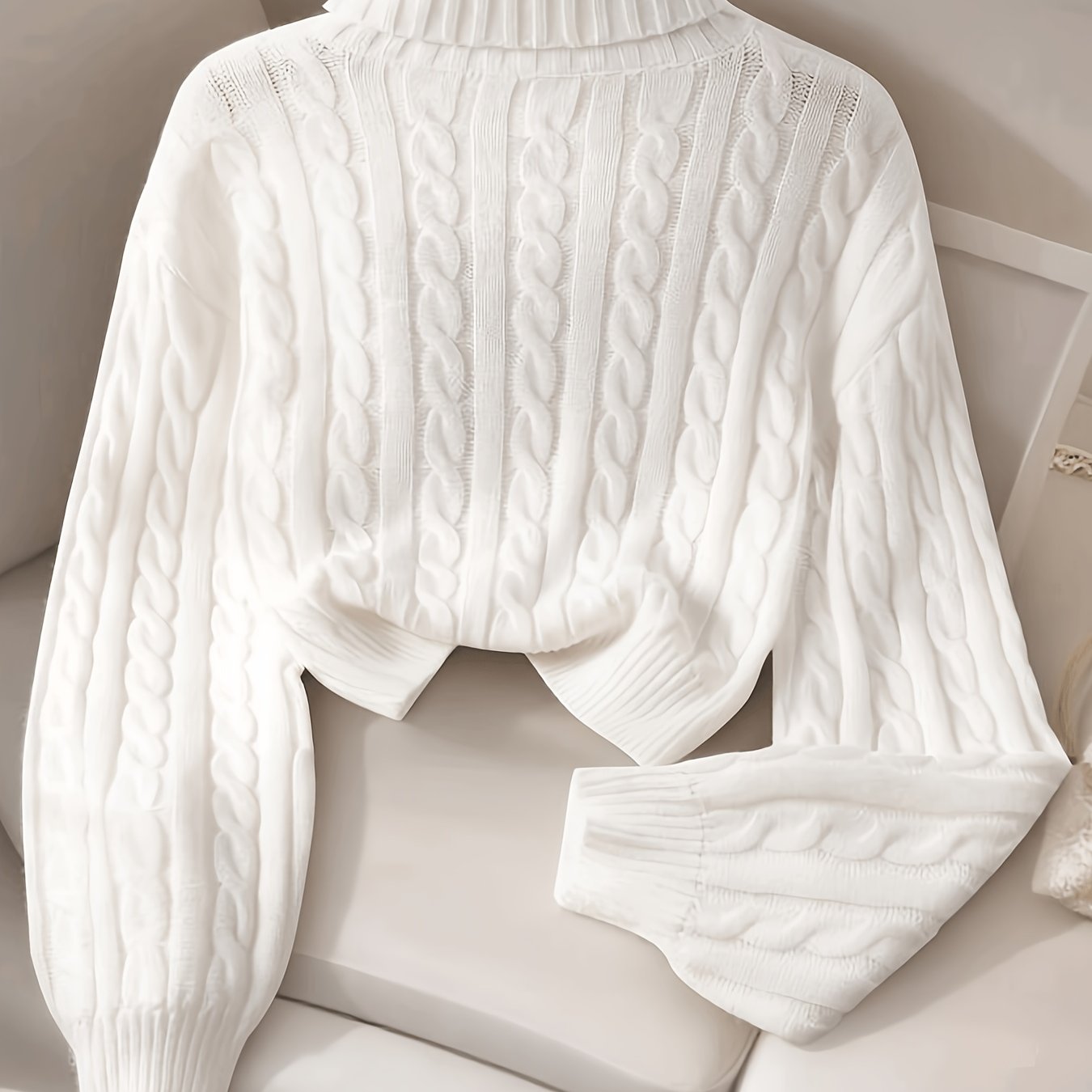 TEMU Women's High Neck Jacquard Short Sweater, Long Sleeve Crop Pullover, Autumn Winter Casual Top