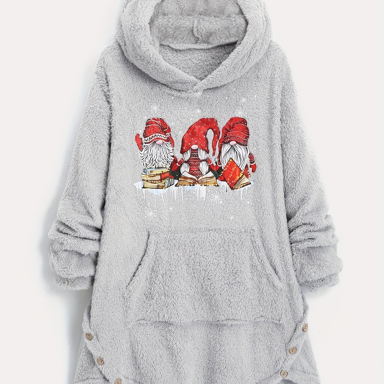 Plus Size - Plus Size - Eudong Christmas Button Cartoon Print Irregular Hooded Plus Size Women's Clothing