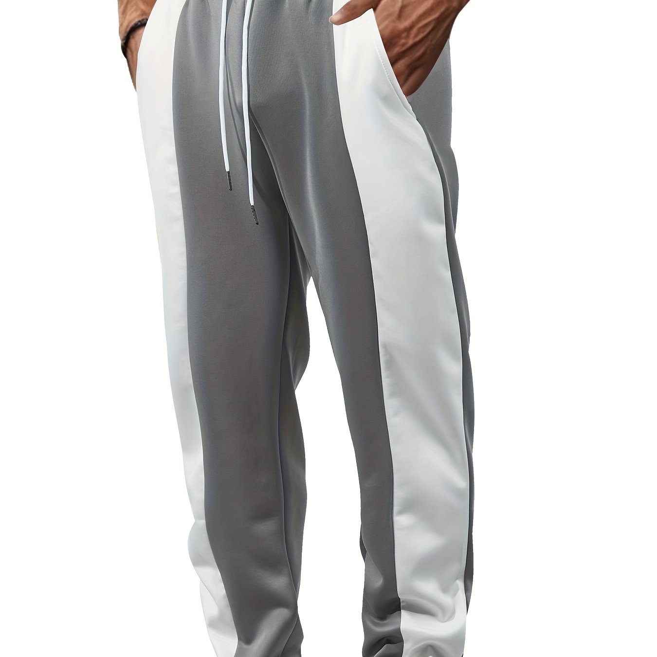 TEMU Men's Color-block Wide-leg Joggers With Pockets - Comfortable Drawstring, Slightly Stretchy Fabric, Black, White, Navy Blue, Outdoor Jogging