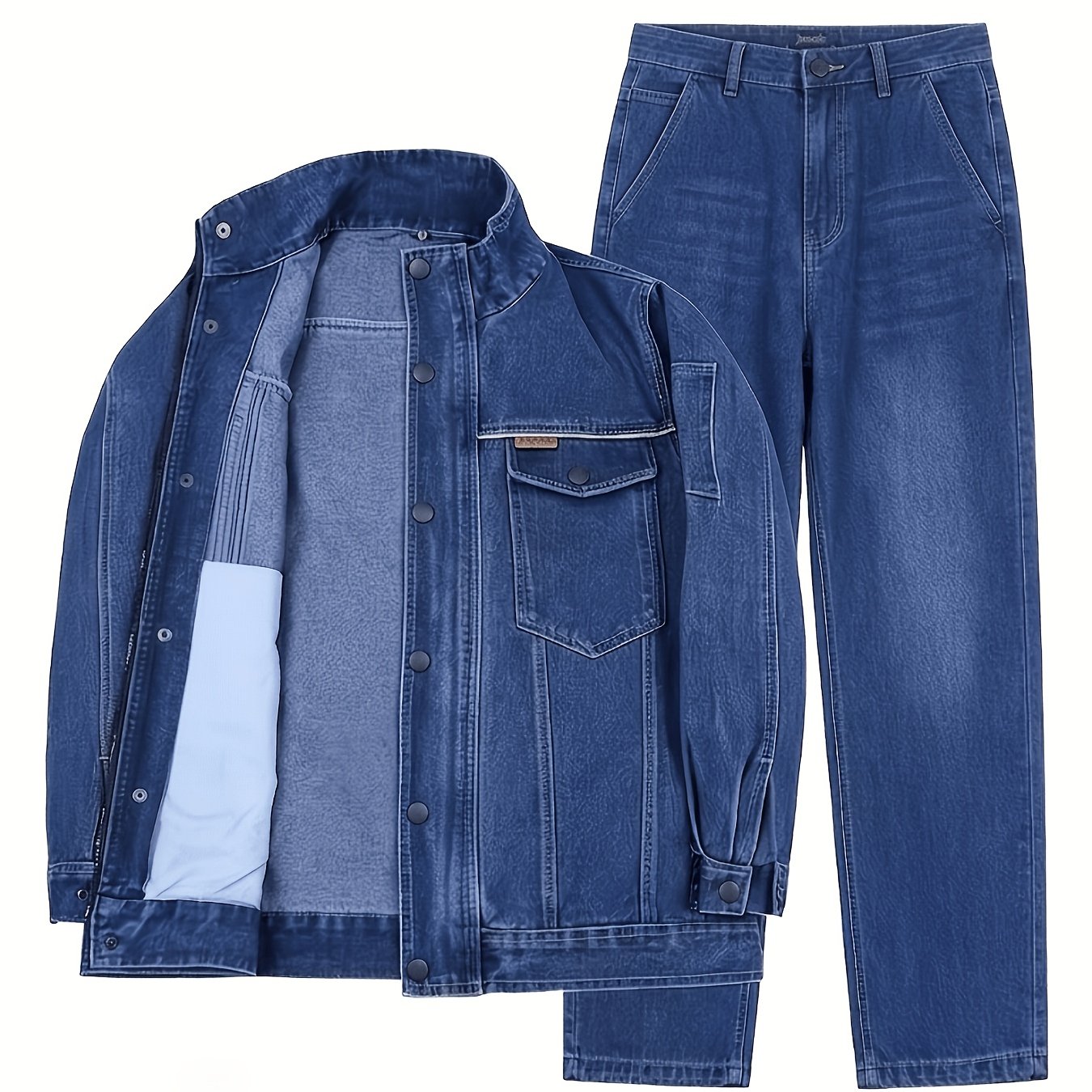 TEMU 2pcs Denim Long-sleeve Pants Set, Lightweight Summer Style, Comfortable And Breathable For Outdoor Work, Casual , Or As A Gift (note: Stitching