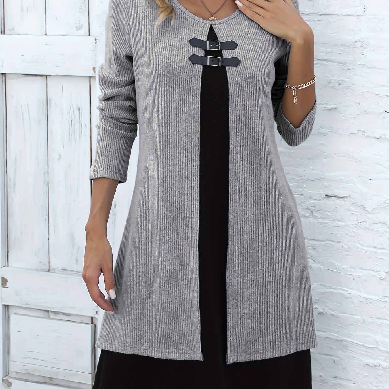 E-shop Herbst/Winter Neues Rundhals 2-in-1 Look Farbblock Damenmode Elegantes Kleid