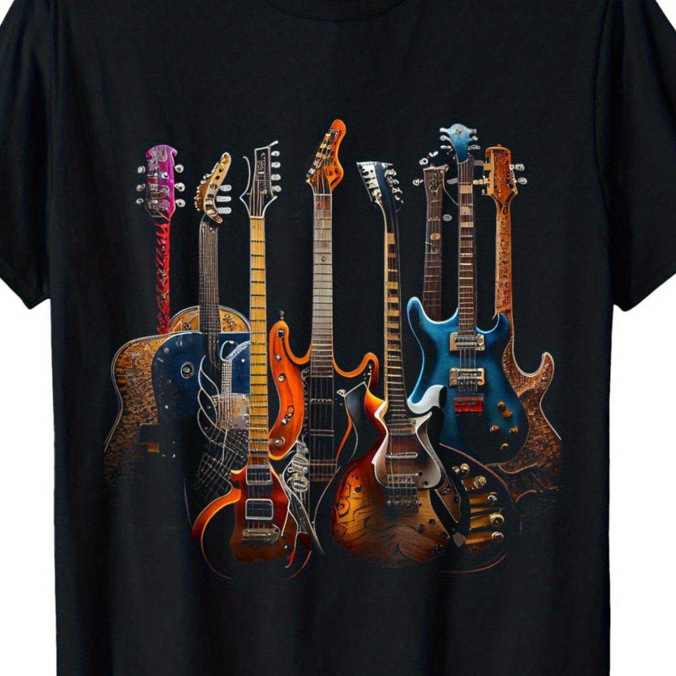 TEMU Men's Colorful Guitar Design T-shirt - Made Of, Short Sleeves, Round Neck - Comfortable & Moisture-absorbing Material - Use & Music Gatherings