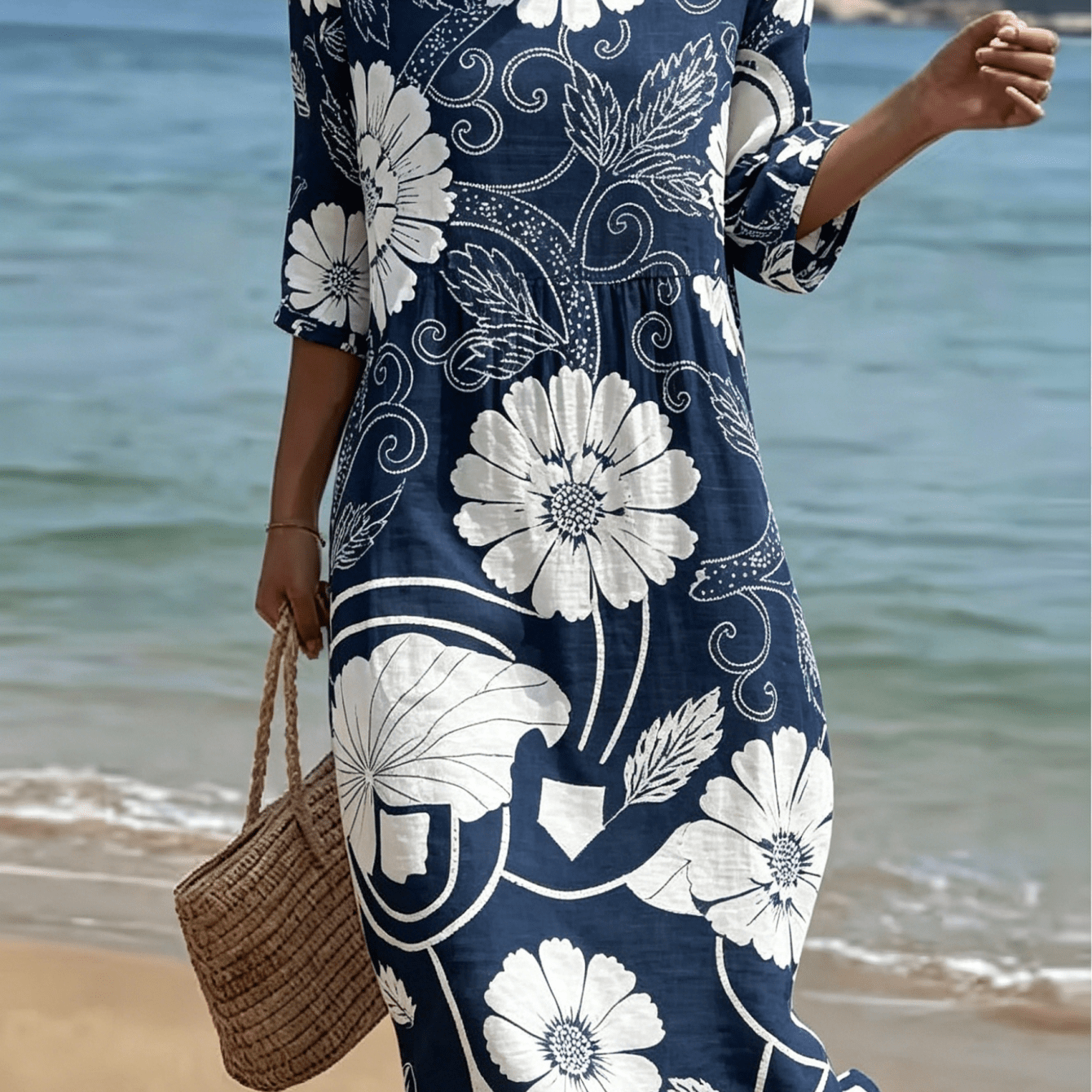 Plus Size - Navy Base Large White Floral Scroll Print Round Neck 3/4 Sleeve Loose Vacation Midi Dress