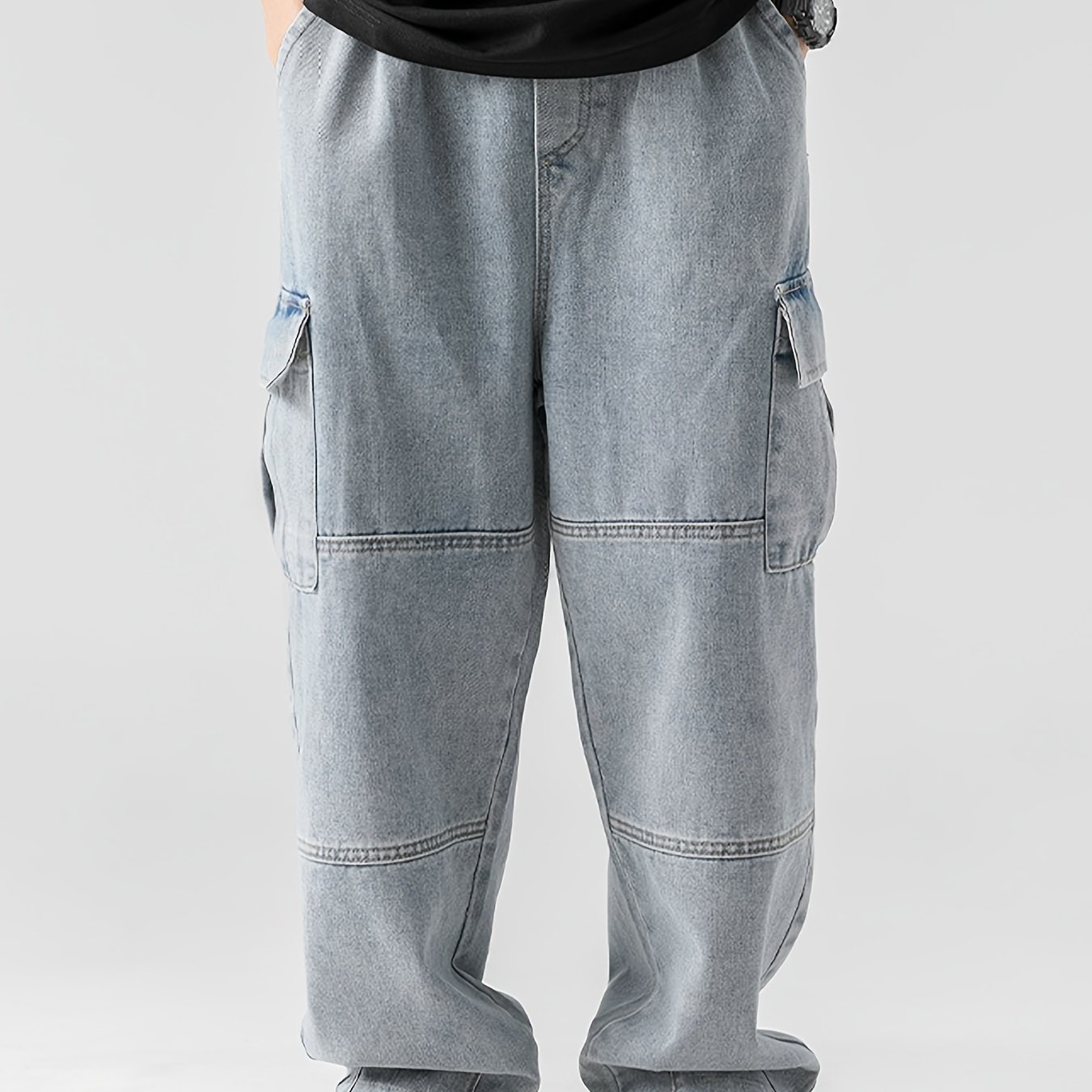 Image of Streetwear Hip-hop Loose Elastic Waistband Wide-leg Cargo Jogger Jeans