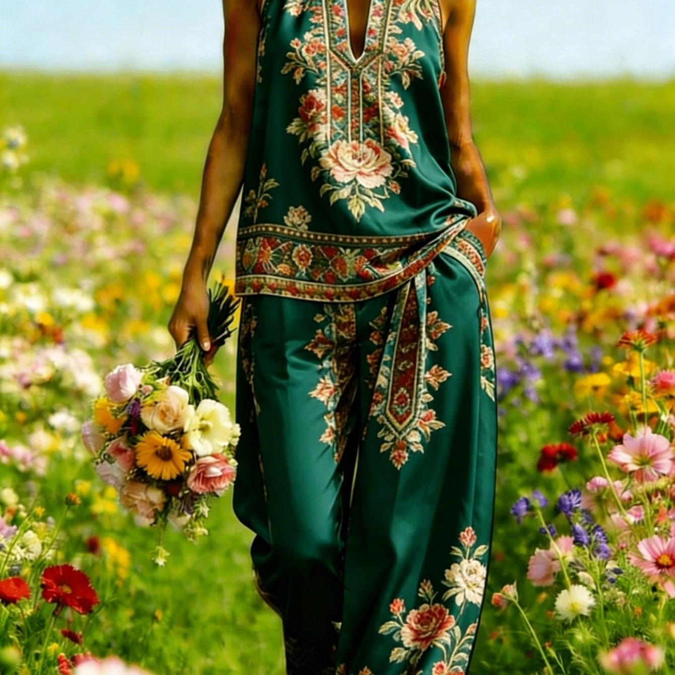 Image of Women's Elegant 2pcs Set: Spring And Summer V-neck Sleeveless Top And Wide-leg Pants, Bohemian Pattern Print, Machine Washable, Retro Vacation Wedding Outfit, Bohemian Casual Ensemble, 2d Flat