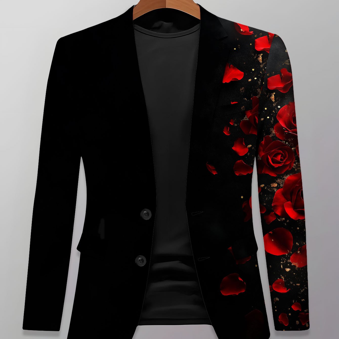 TEMU Fashionable Men's Suit Jacket, Black Background, Contrasting Colors, Two-button Business Professional Formal Jacket With Red Roses, Casual,